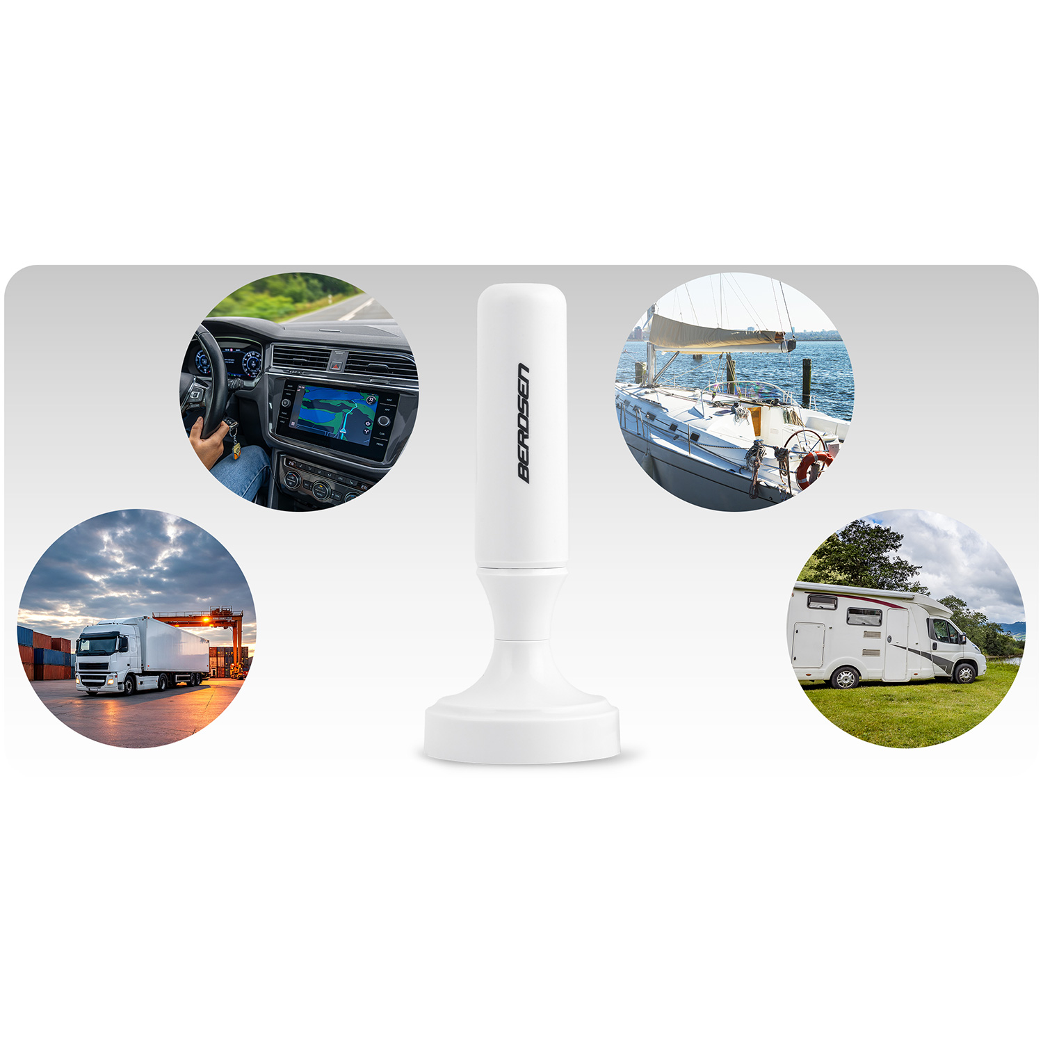 Biała antena z obrazami jazdy, łodzi, ciężarówki i kampera w okręgach.