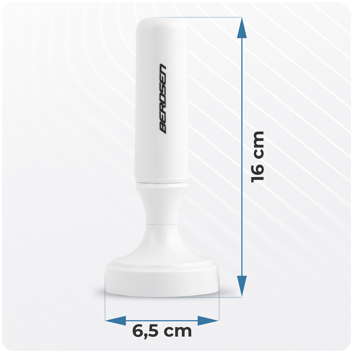 Biała antena BEROSEN, stojąca pionowo, z wymiarami: 16 cm wysokości, 6,5 cm szerokości.