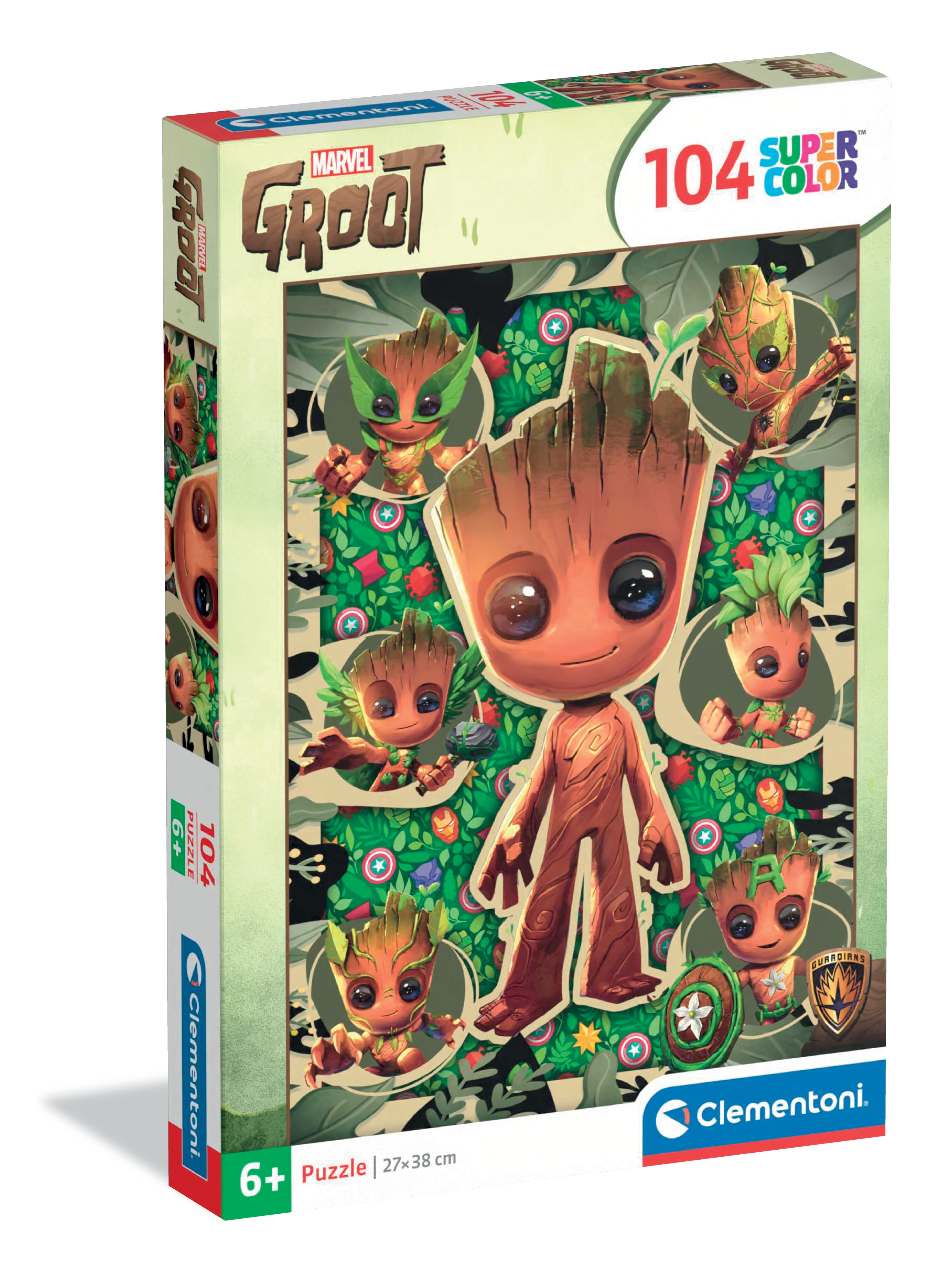 Pudełko z puzzlami Marvel Groot z różnymi obrazami Baby Groot. Pudełko na białym tle.