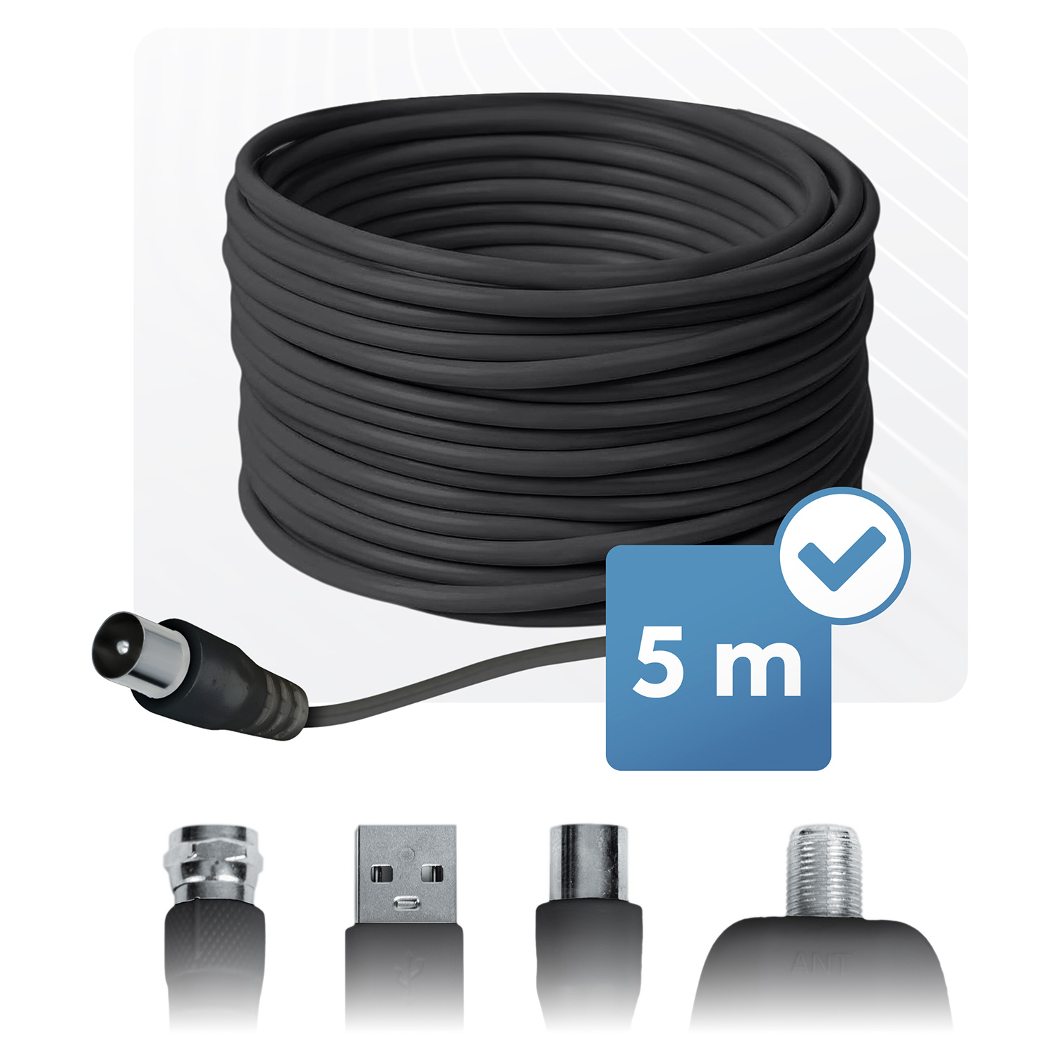 Czarny kabel ze złączami, niebieską etykietą 5m z haczykiem i innymi złączami. Kabel jest zwinięty.