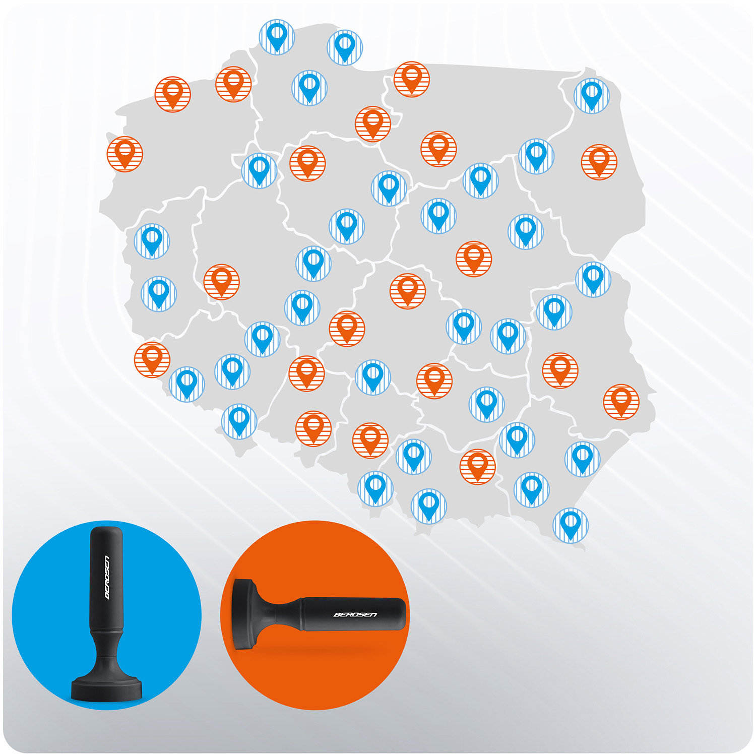 Mapa Polski ze znacznikami lokalizacji i dwoma stemplami antenowymi.