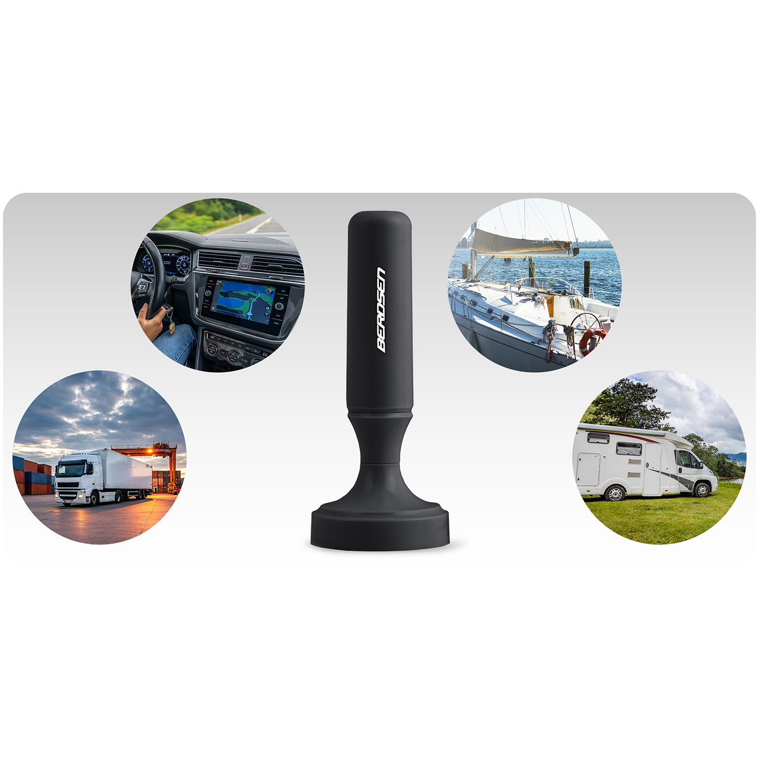 Czarna antena ze zdjęciami wnętrza samochodu, łodzi, ciężarówki i kampera. Antena jest cylindryczna.