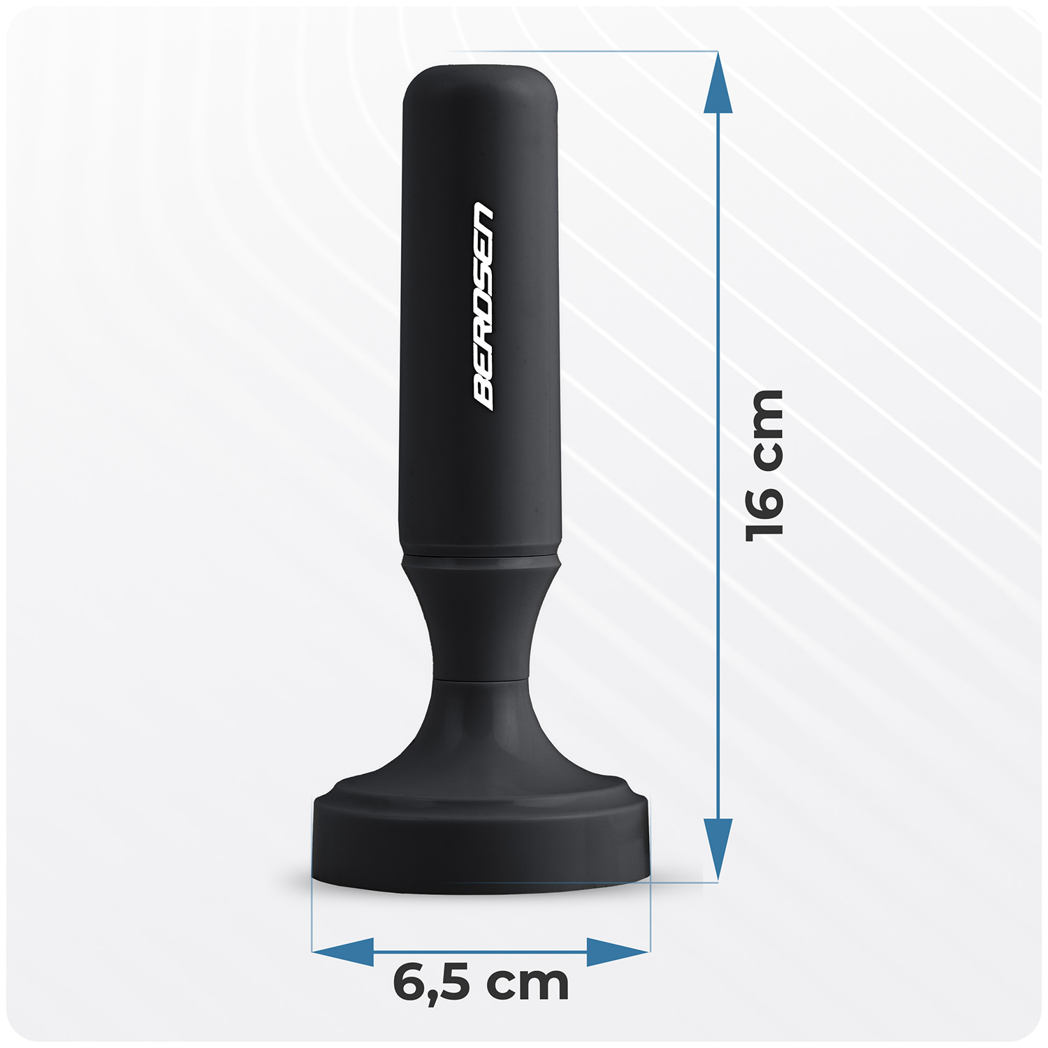 Czarny tamper z wymiarami: 16 cm wysokości i 6,5 cm szerokości u podstawy.