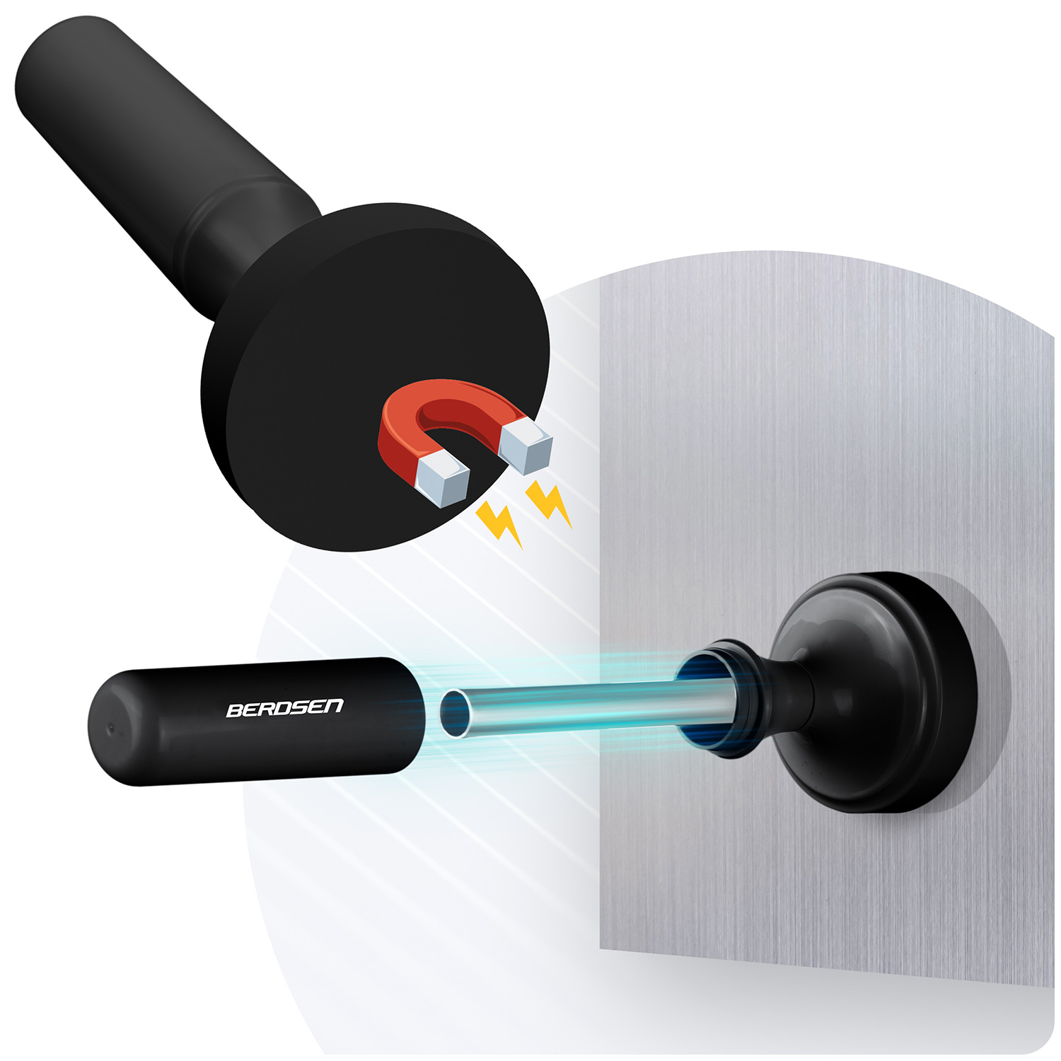 Schemat pokazujący, jak antena magnetyczna mocuje się do metalowej powierzchni. Widok z rozstrzałem anteny.