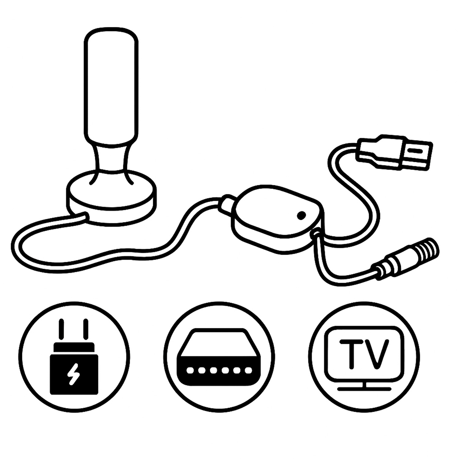 Czarno-biały rysunek linii anteny, złączy i ikon. Antena jest cylindryczna.