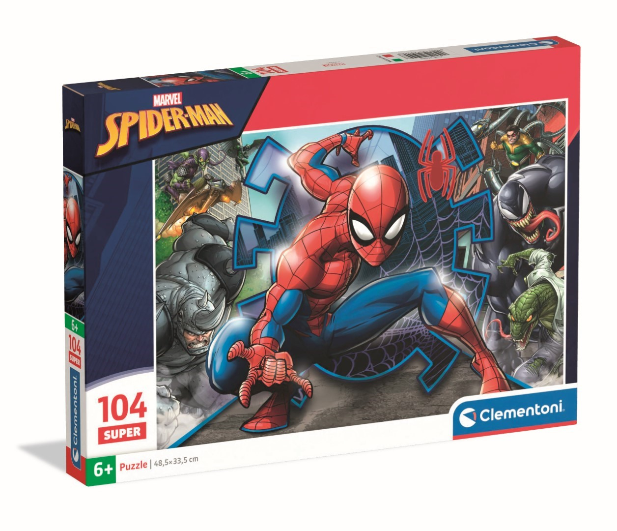 Boîte de puzzle Spider-Man avec divers méchants et Spider-Man au centre. Le fond est blanc.