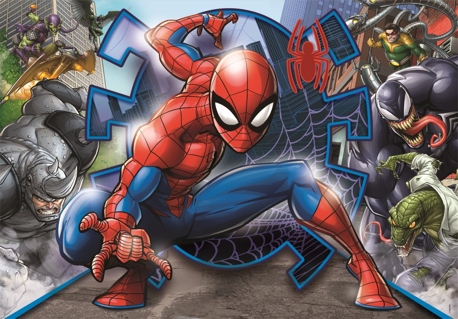 Image de puzzle Spider-Man, avec Spider-Man et des méchants comme Venom, Rhino, etc.