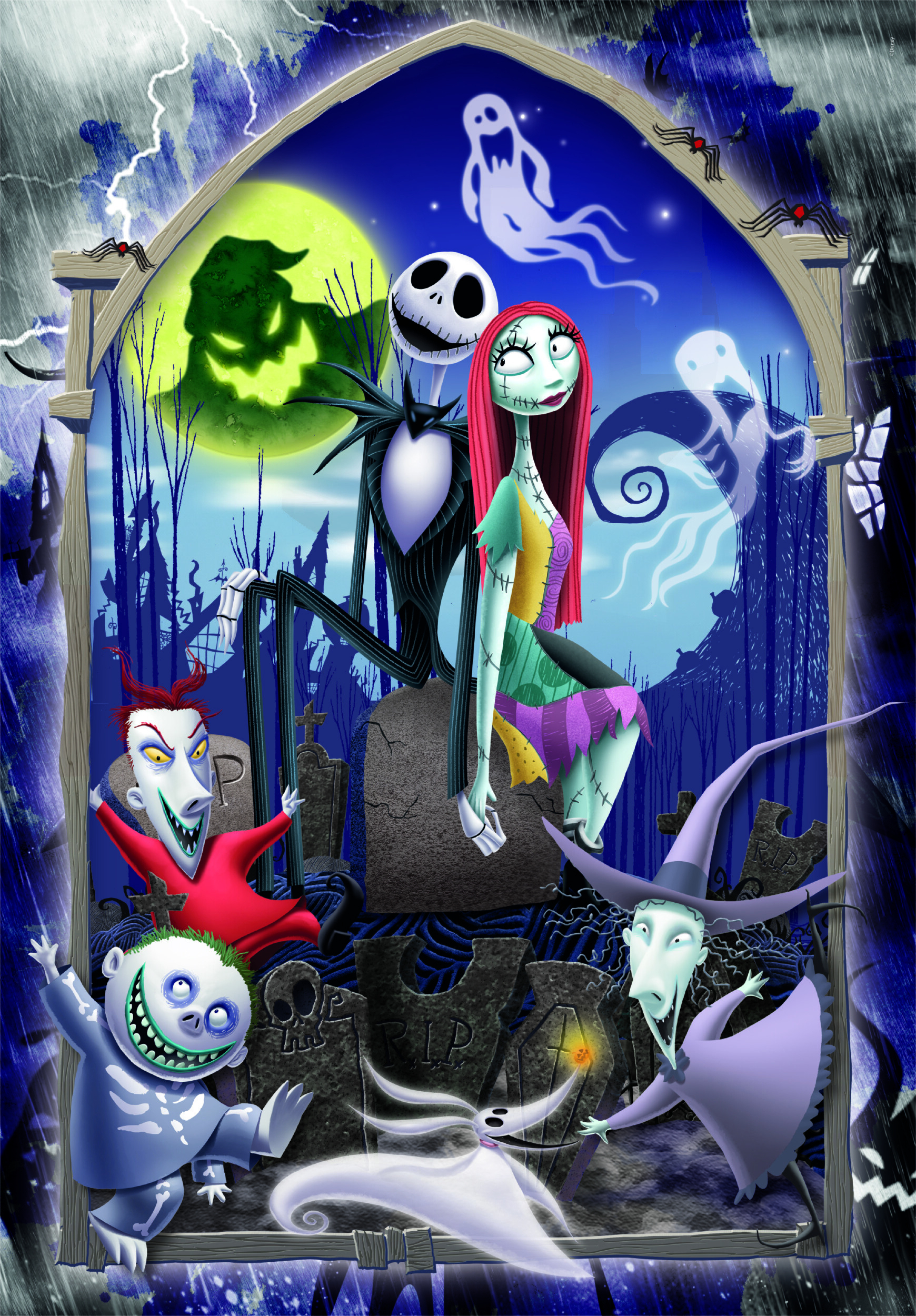 Personnages de L'Étrange Noël de monsieur Jack dans une scène effrayante. Jack, Sally et autres sont représentés.