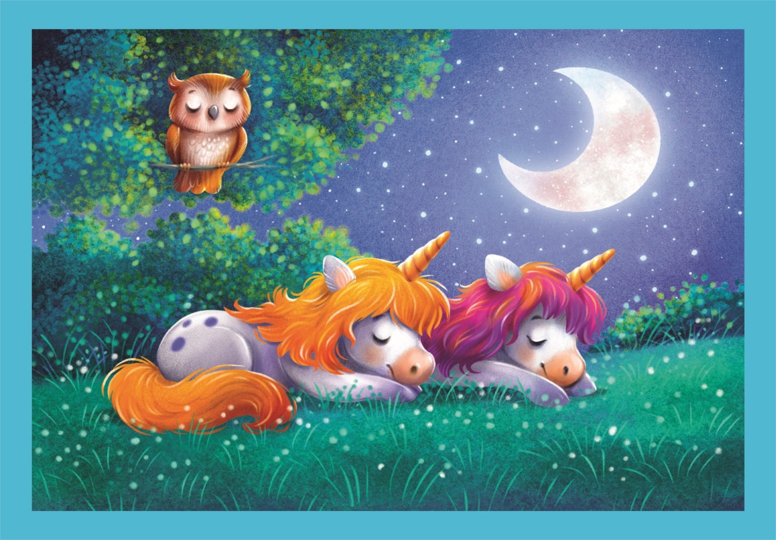 Deux licornes dorment dans l'herbe sous un arbre. Un hibou est assis dans l'arbre. Scène de nuit, avec lune et étoiles.