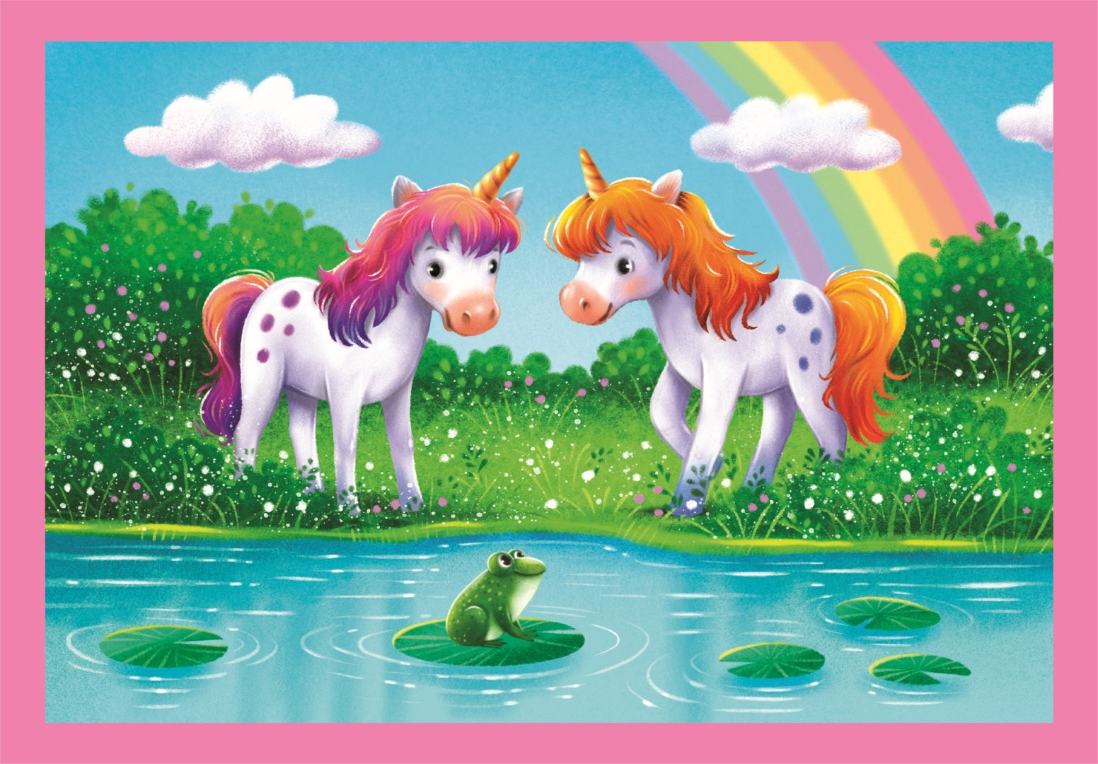 Deux licornes près d'un étang avec une grenouille sur une feuille de nénuphar. Arc-en-ciel en arrière-plan.