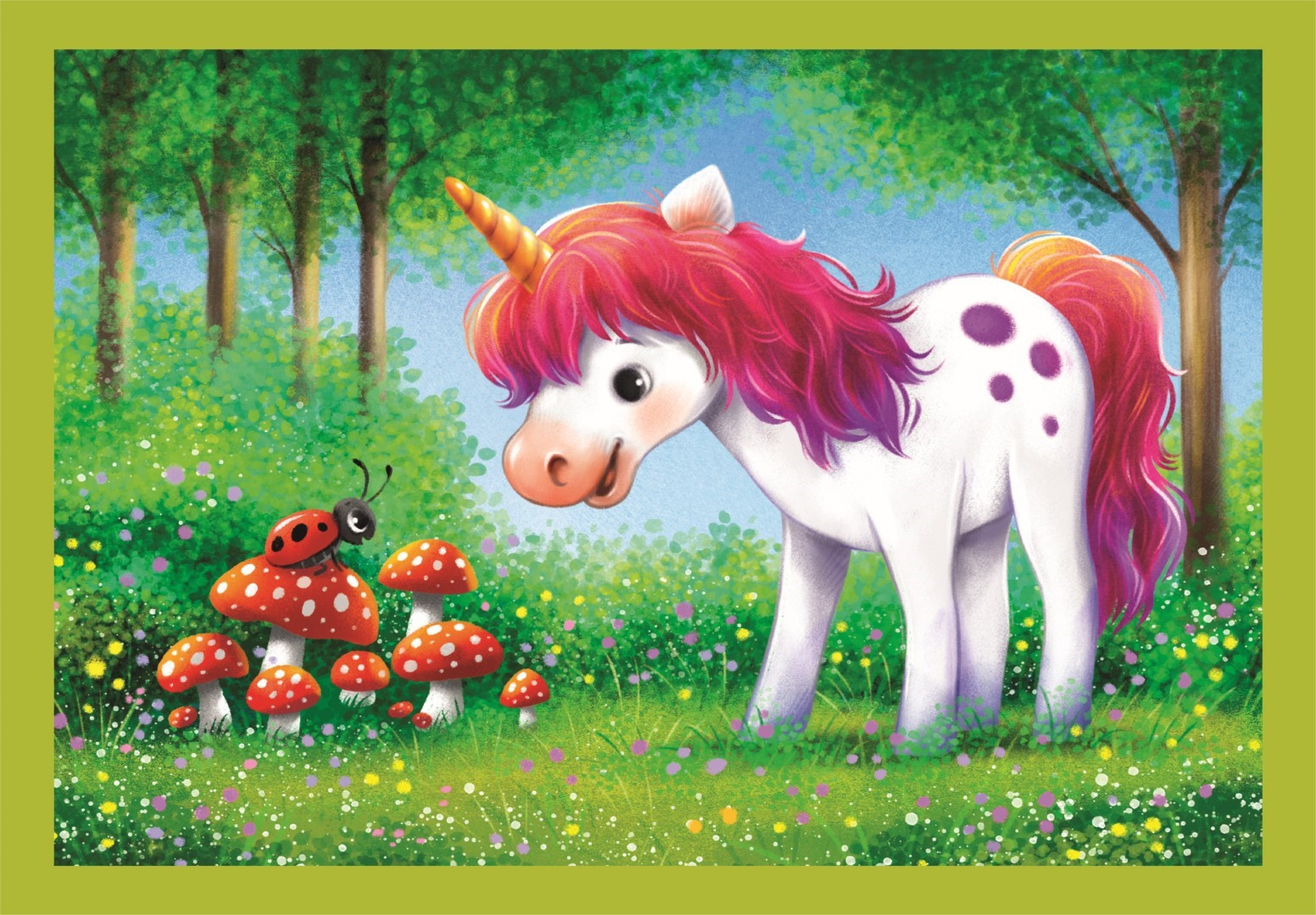 Une licorne avec une coccinelle sur un champignon. Herbe verte et arbres. Cadre rose.
