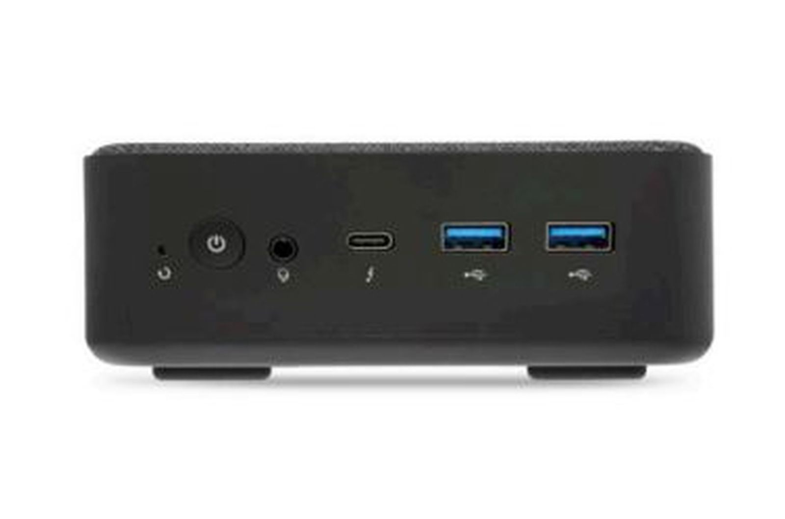 Czarny mini PC z portami z przodu. Przycisk zasilania, gniazdo audio, porty USB.