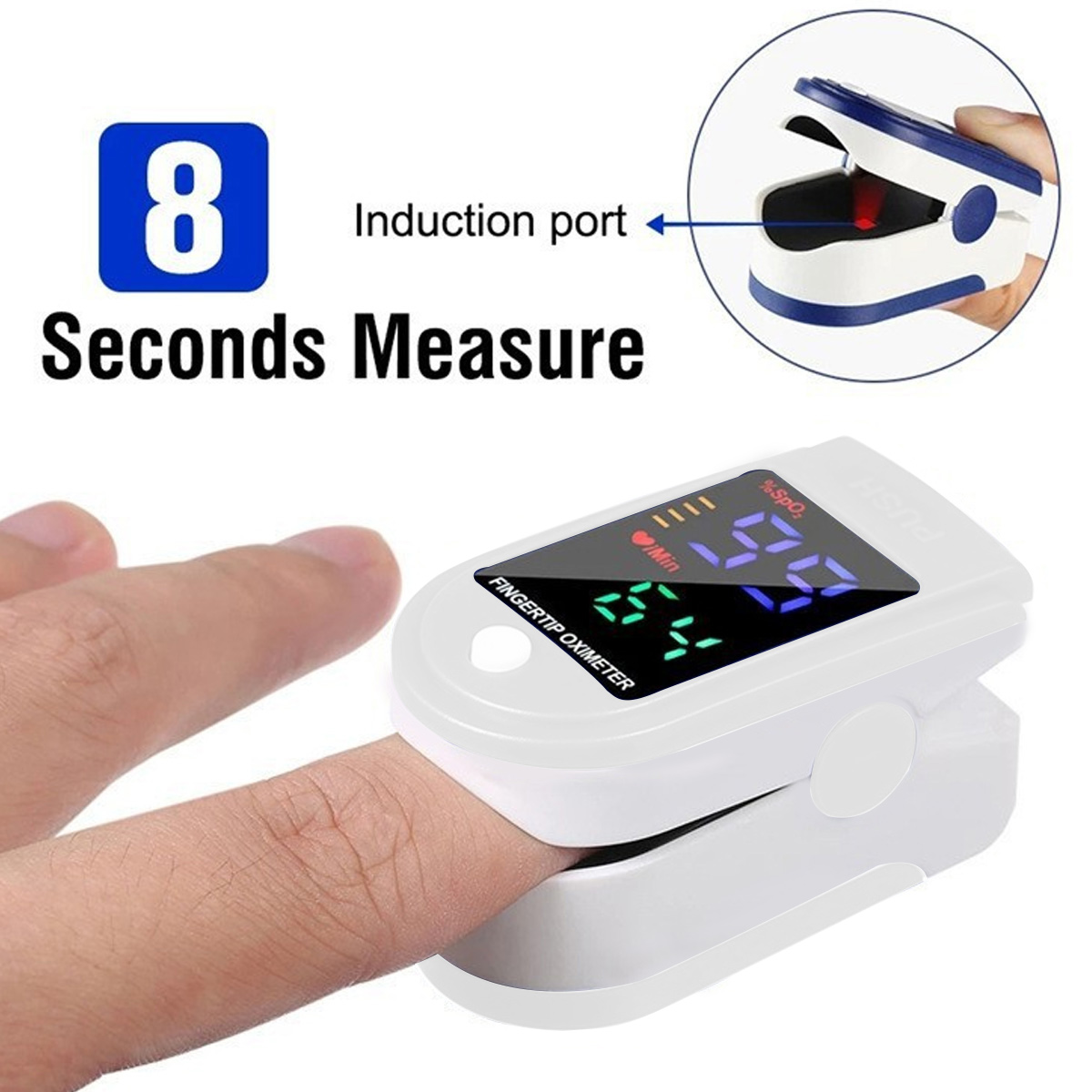 Fingerspitzen-Oximeter misst SpO2 und Puls. Zeigt Ergebnisse auf einem Bildschirm an.