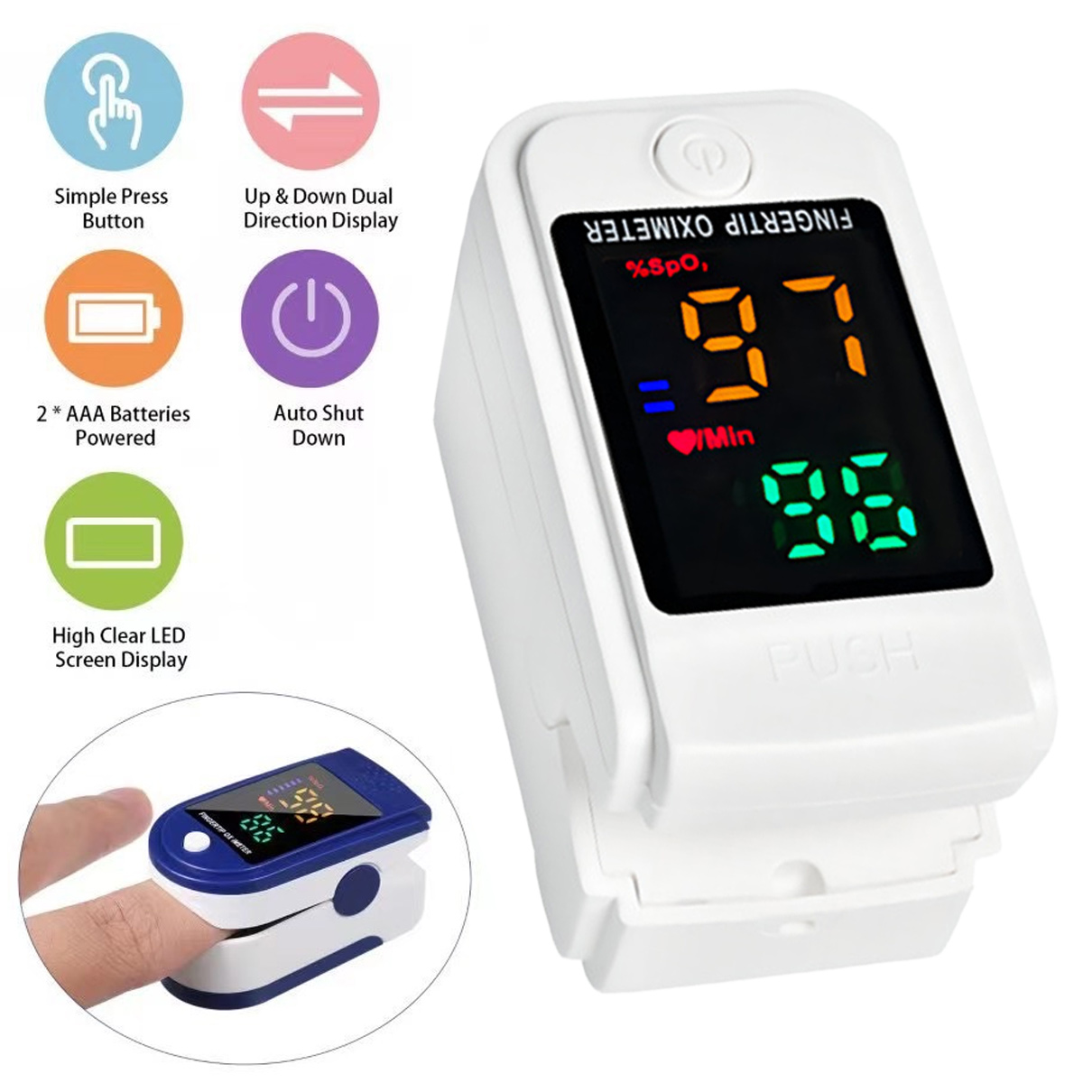 Weißes Fingertip-Oximeter mit Display und Symbolen. Zeigt SpO2 und Pulsfrequenz an.
