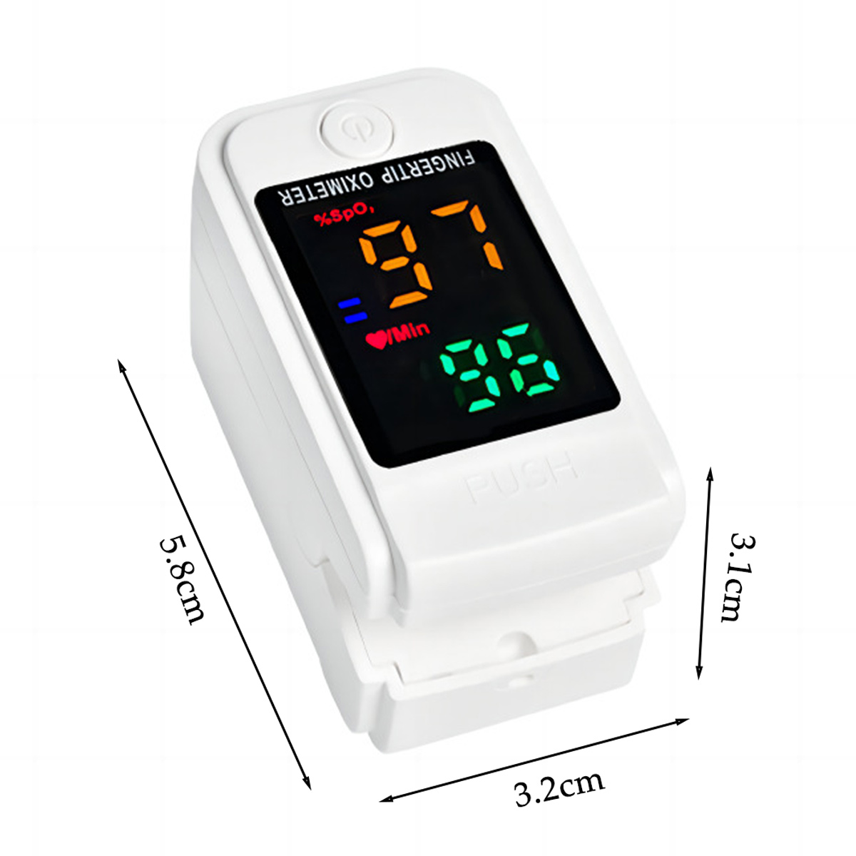 Weißes Fingertip-Oximeter mit Abmessungen. Zeigt SpO2 und Pulsfrequenz an.