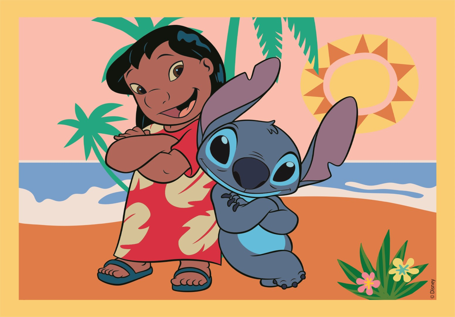Kreskówka Lilo i Stitch. Lilo w czerwonej sukience, Stitch w niebieskim, na plaży.