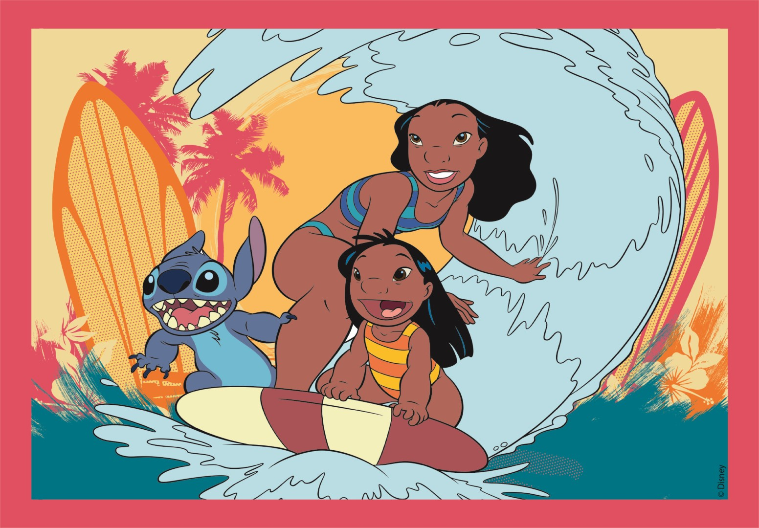 Lilo, Stitch i inna dziewczyna surfują na fali, z kolorowym tłem plaży i zachodu słońca.