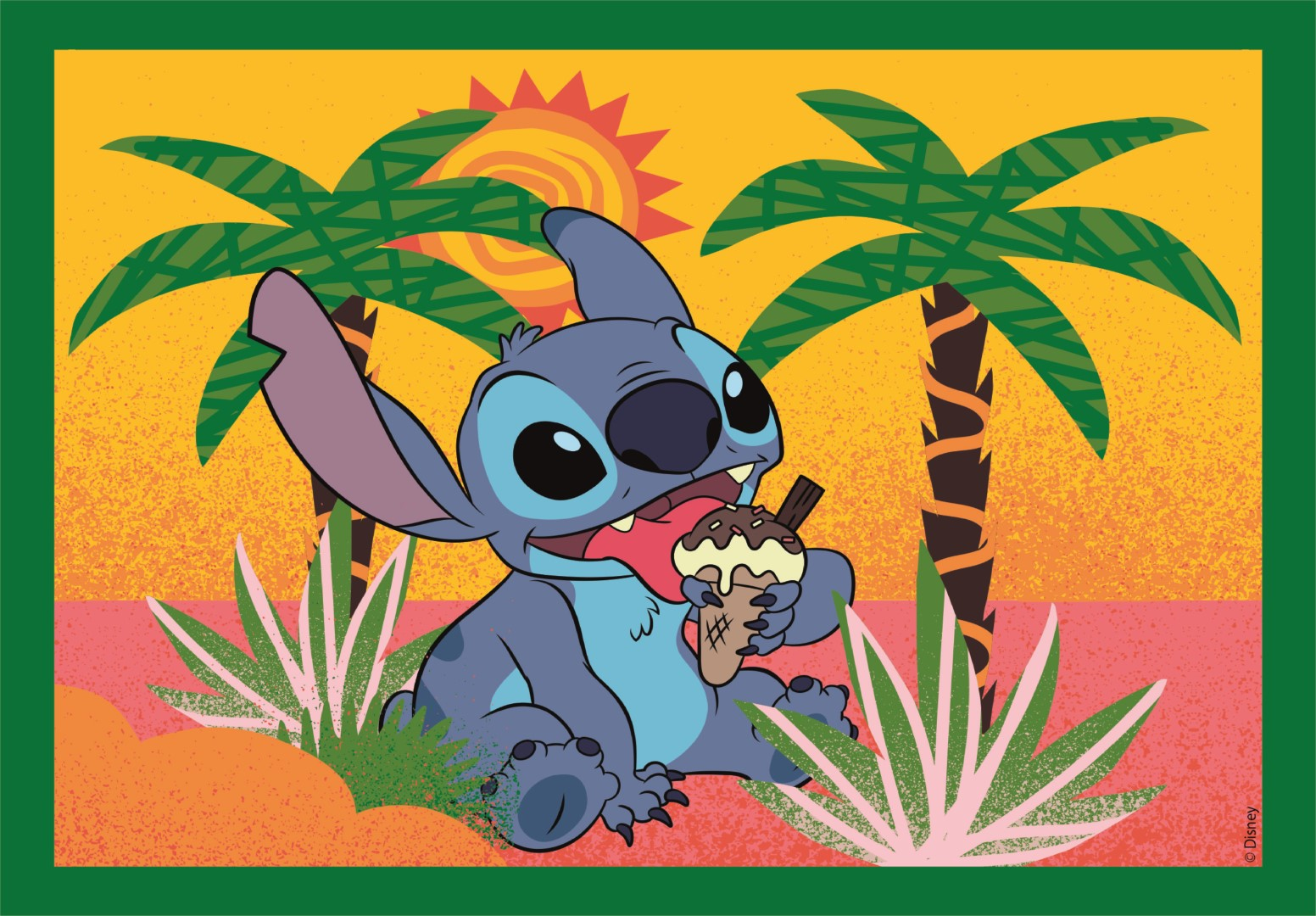 Kreskówka Stitch na plaży. Stitch trzyma rożek lodów, widoczne palmy i słońce.