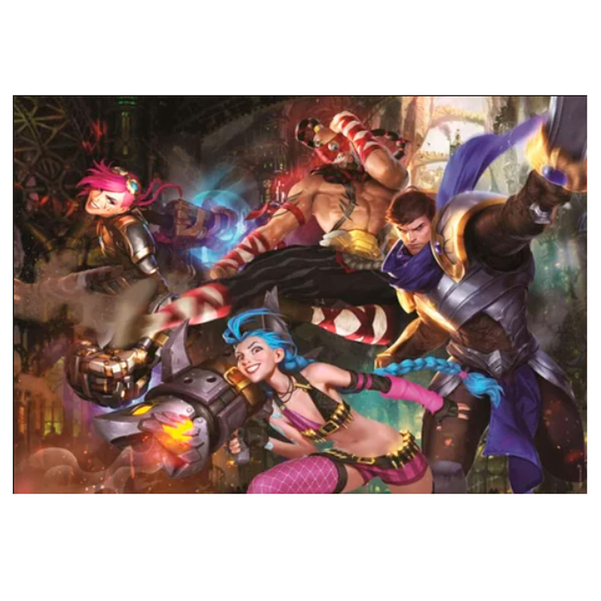 Ilustración de varios personajes de League of Legends en acción, con colores vibrantes y poses dinámicas.