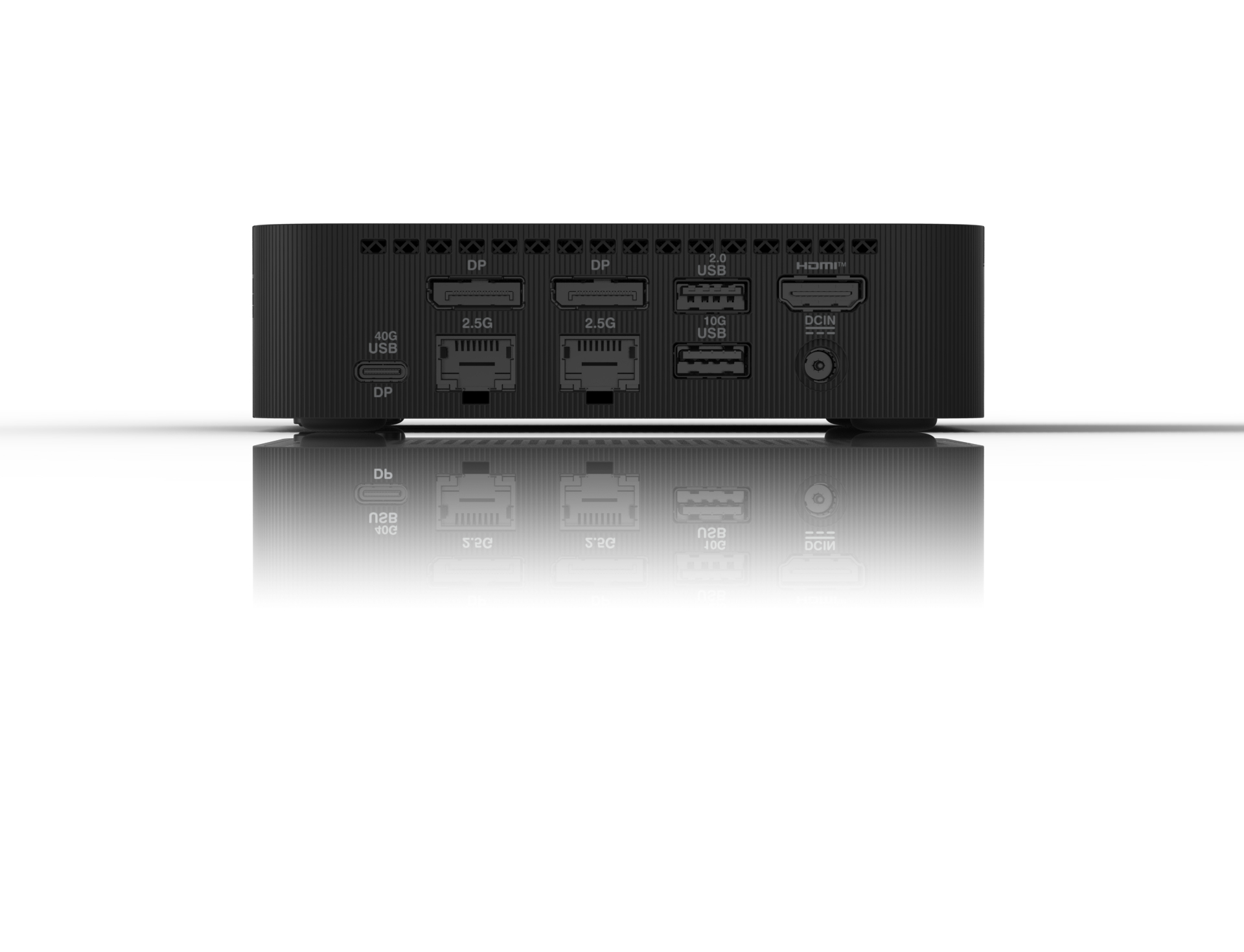 Tył czarnego komputera z portami i logo.