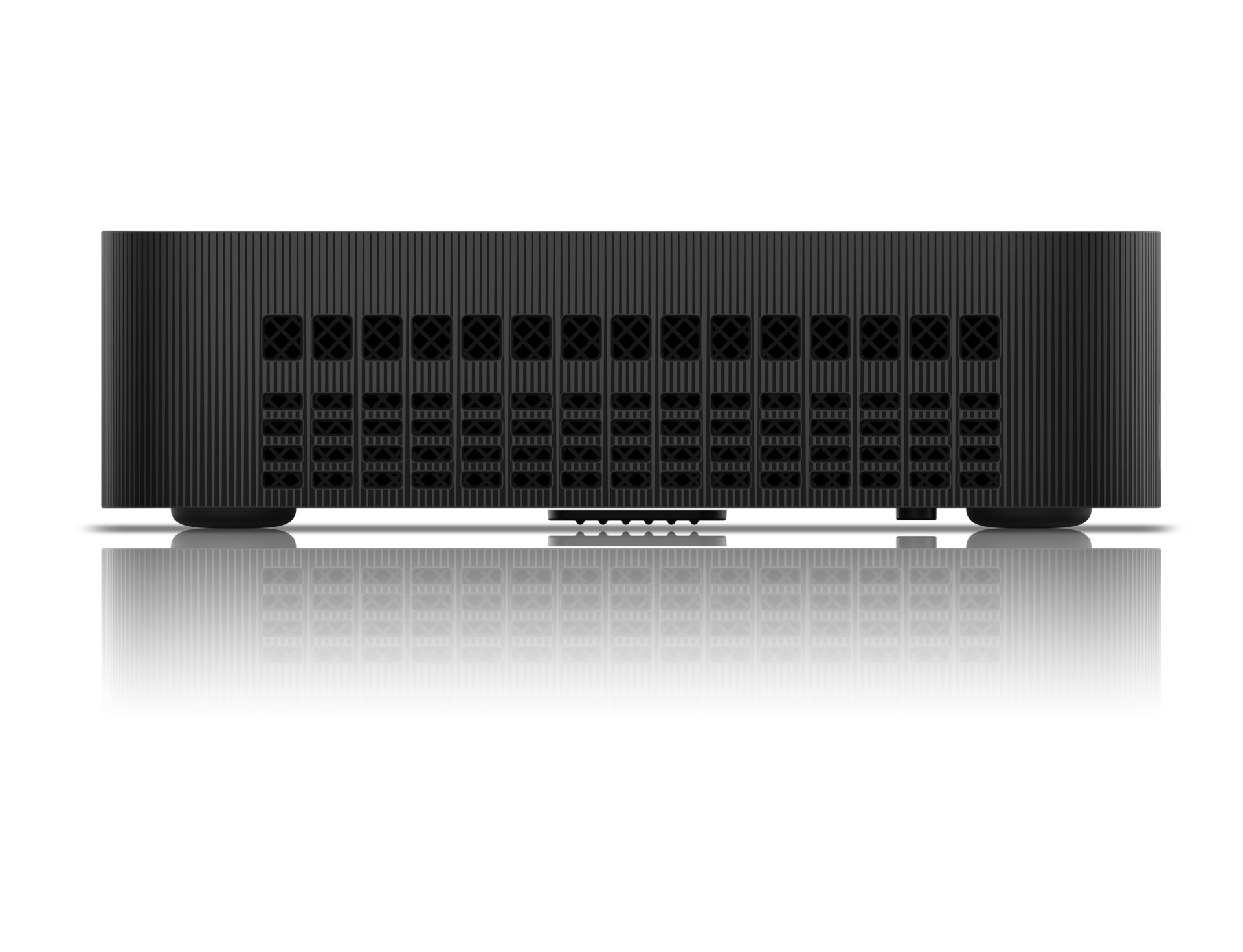 Tył czarnego mini komputera z wentylacją i portami.