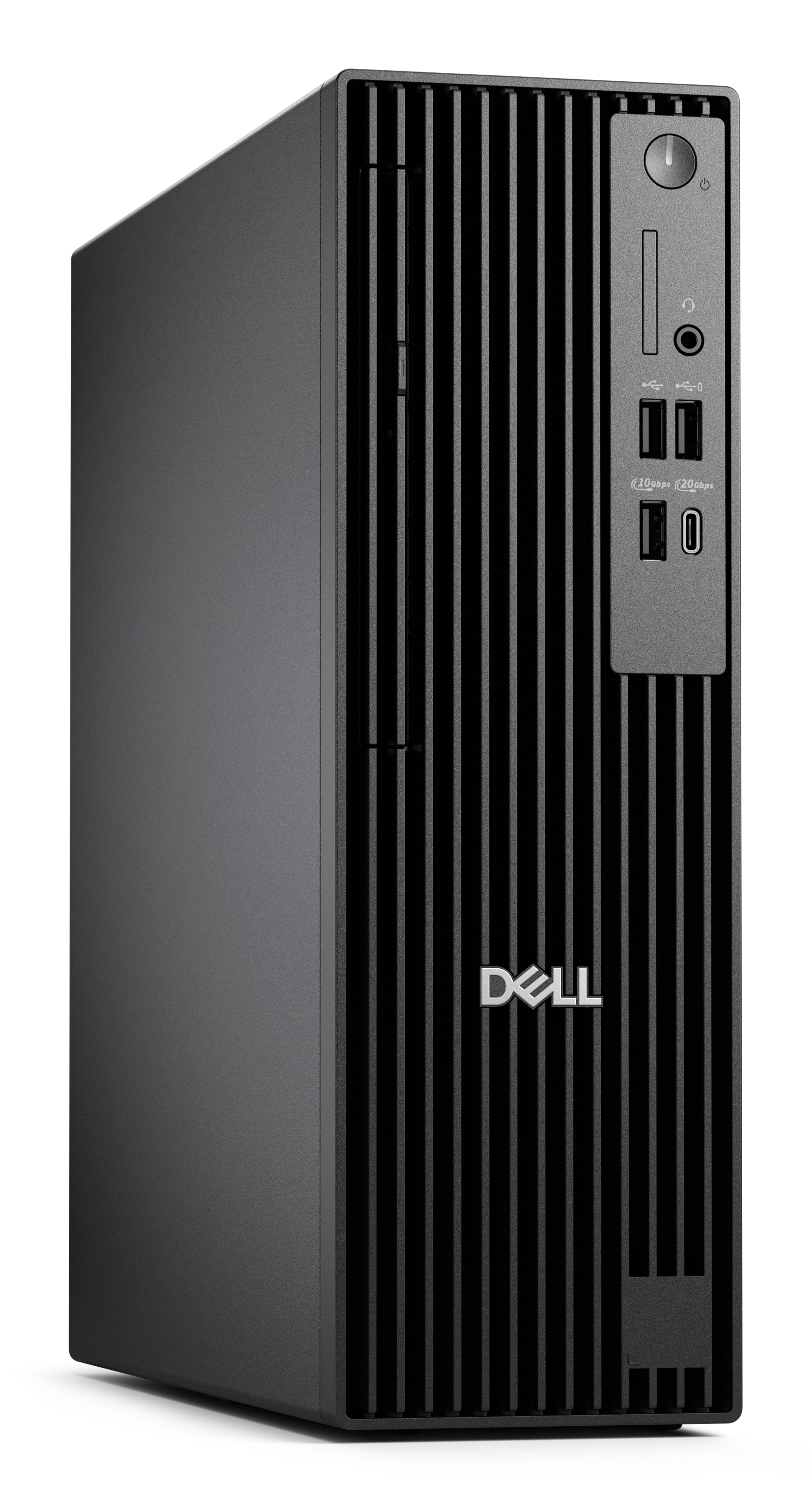 Zwarte Dell desktopcomputer met verticale lijnen op het voorpaneel en een aan/uit-knop.