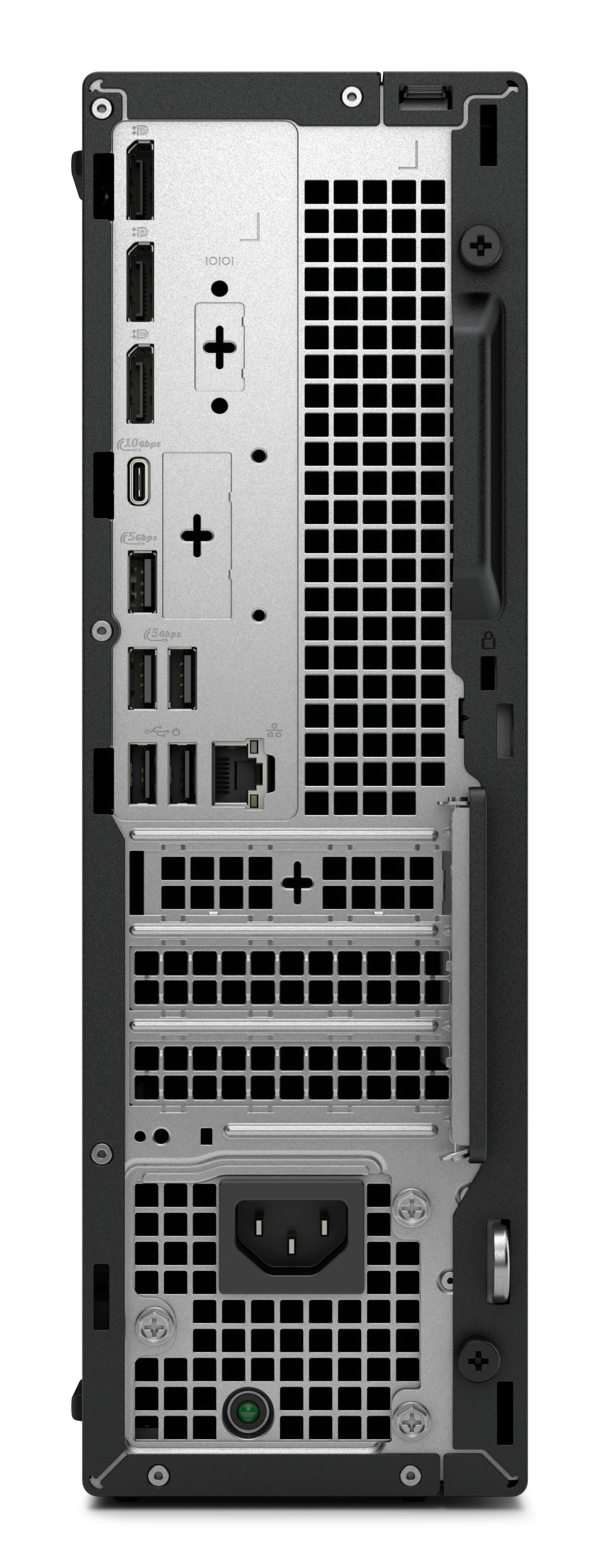 Achterpaneel van een computer, met meerdere poorten en ventilatie. Zwart en zilver domineren.