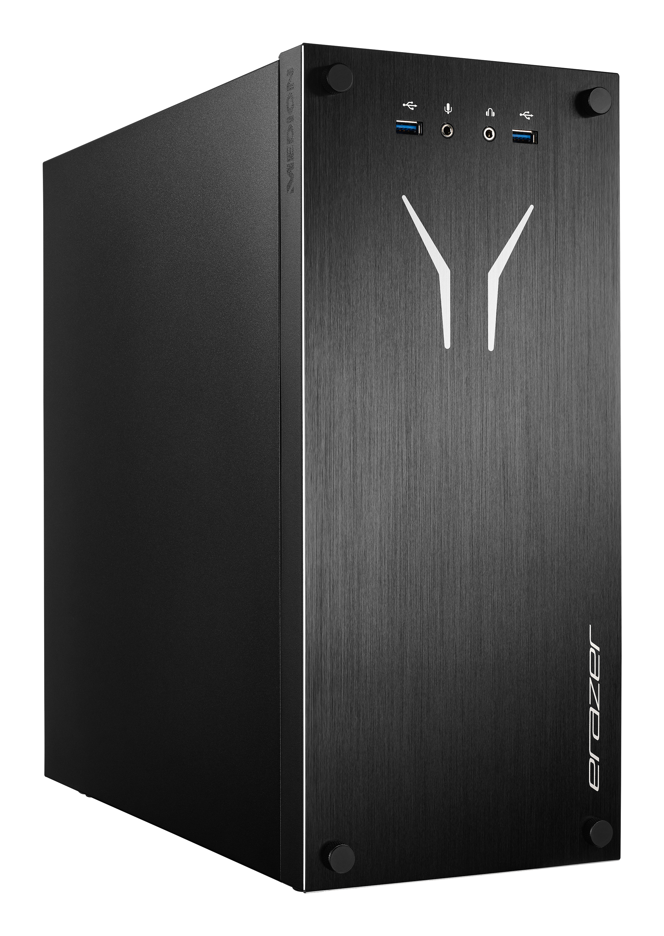 Czarna obudowa komputera ze szczotkowanym metalowym wykończeniem, unikalnym logo i przyciskiem zasilania.
