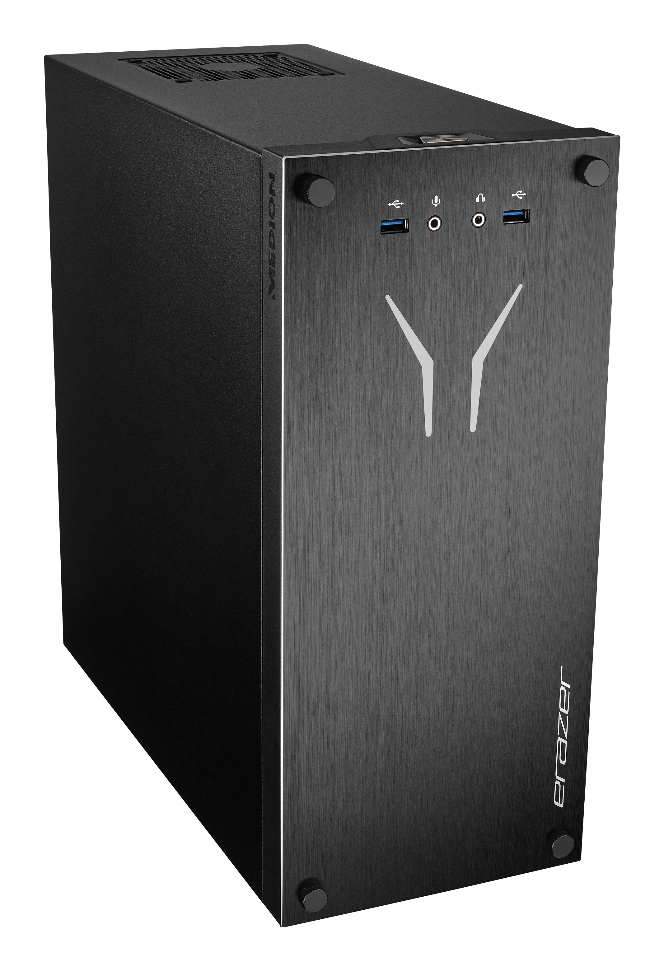 Czarna obudowa komputera ze szczotkowanym metalowym wykończeniem, unikalnym logo i przyciskiem zasilania na górze.