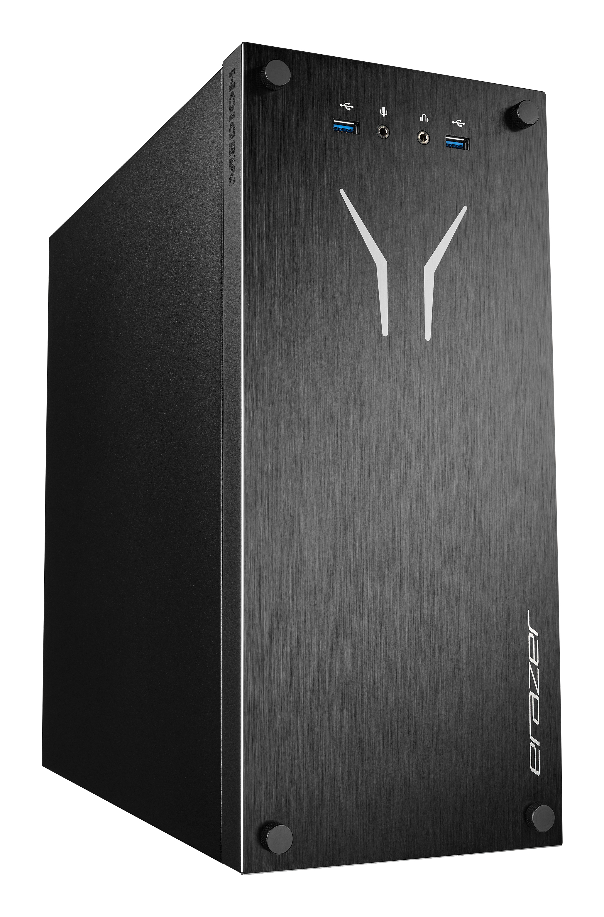 Czarna obudowa komputera z etykietami Medion i Erazer. Porty widoczne na górze.