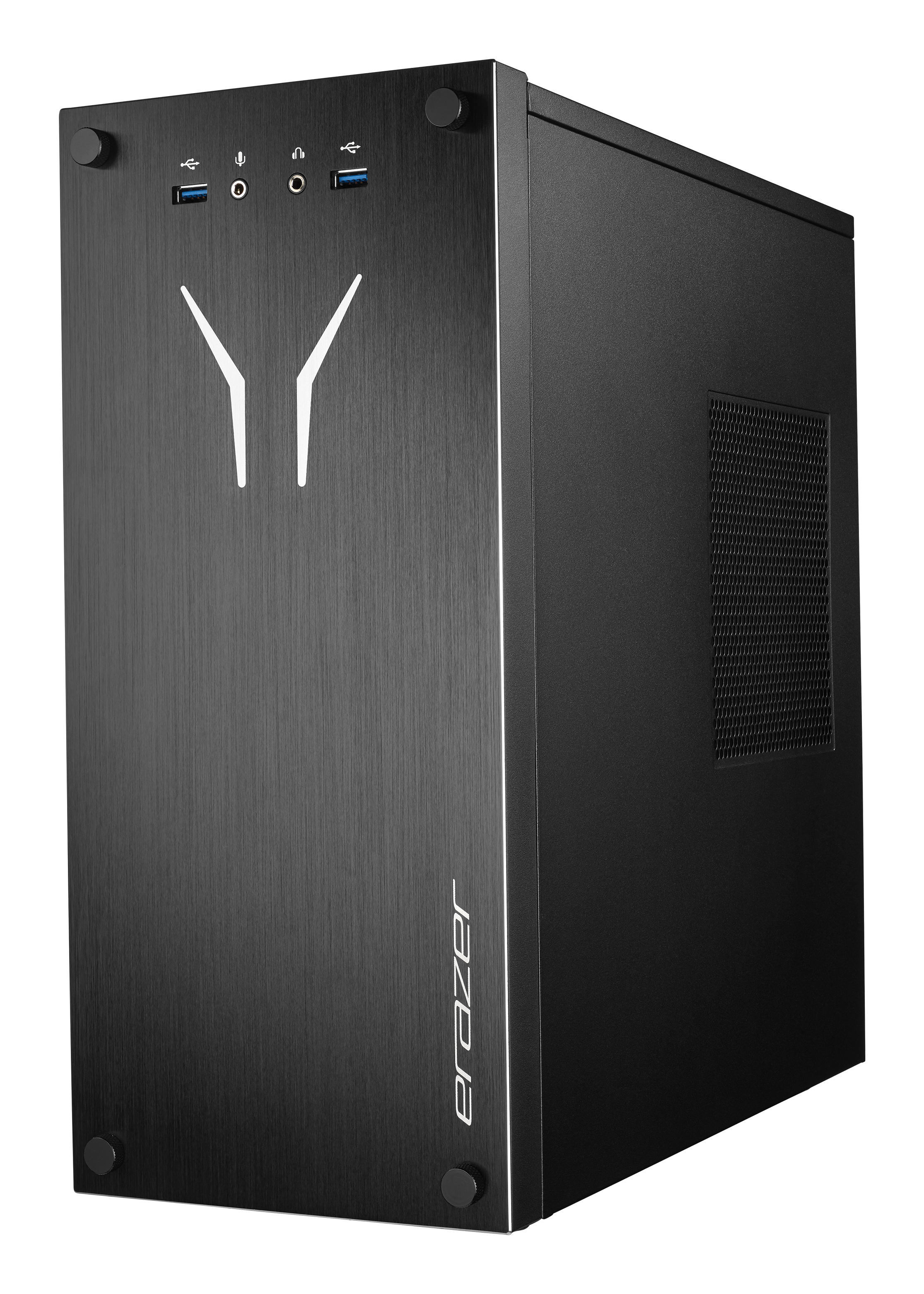 Czarna obudowa komputera ze szczotkowanym metalowym wykończeniem, unikalnym logo i przyciskiem zasilania.