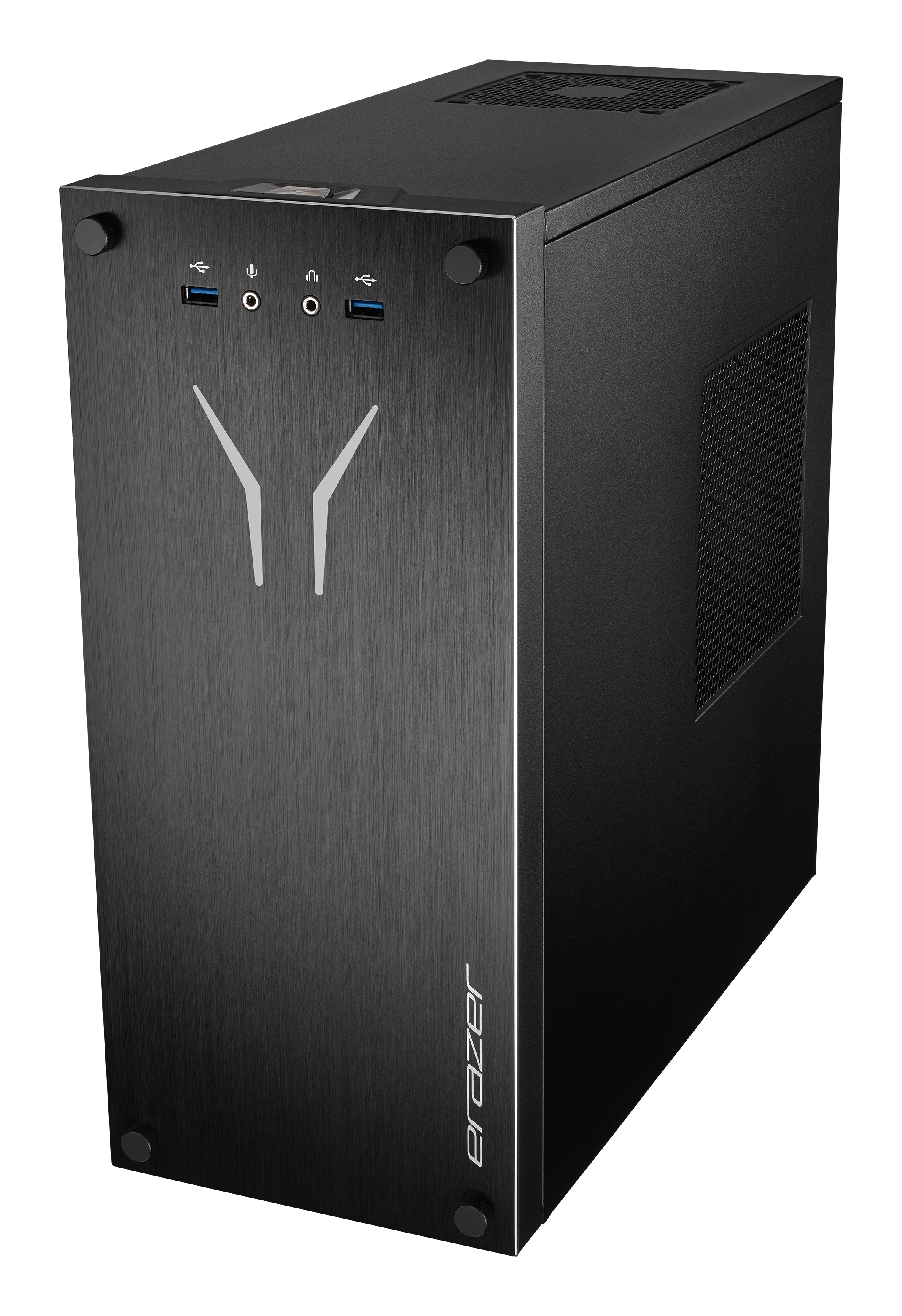 Czarna obudowa komputera ze szczotkowanym metalowym wykończeniem, unikalnym logo i przyciskiem zasilania.