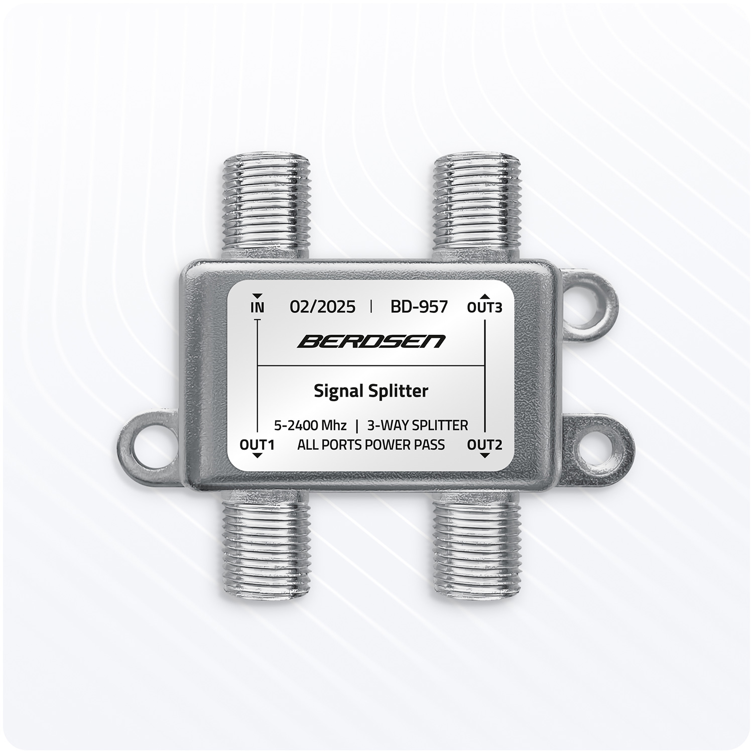 Srebrny rozdzielacz sygnału z wieloma portami, marka 'Berdsen' pośrodku.