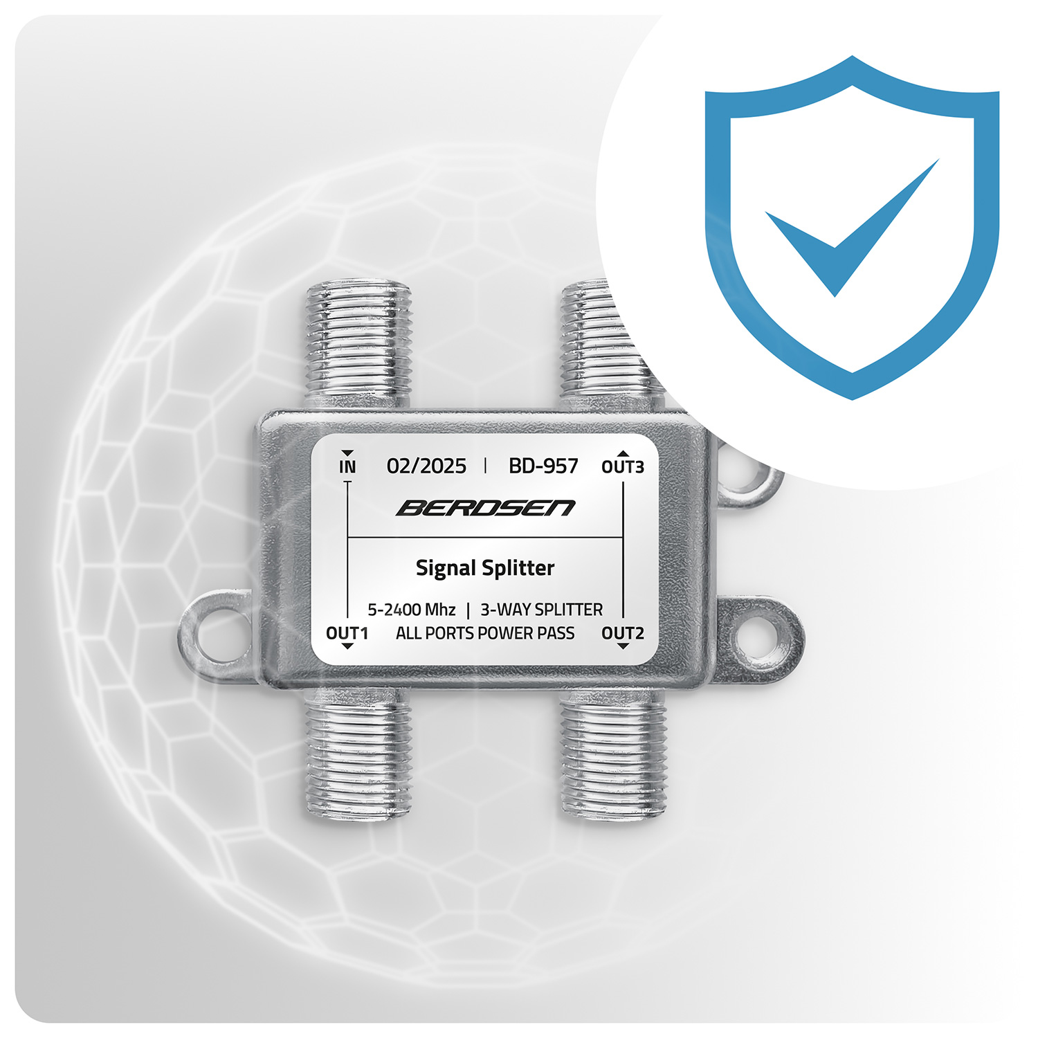 Srebrny rozdzielacz sygnału z portami, znakiem wyboru w tarczy i jasnym tłem.
