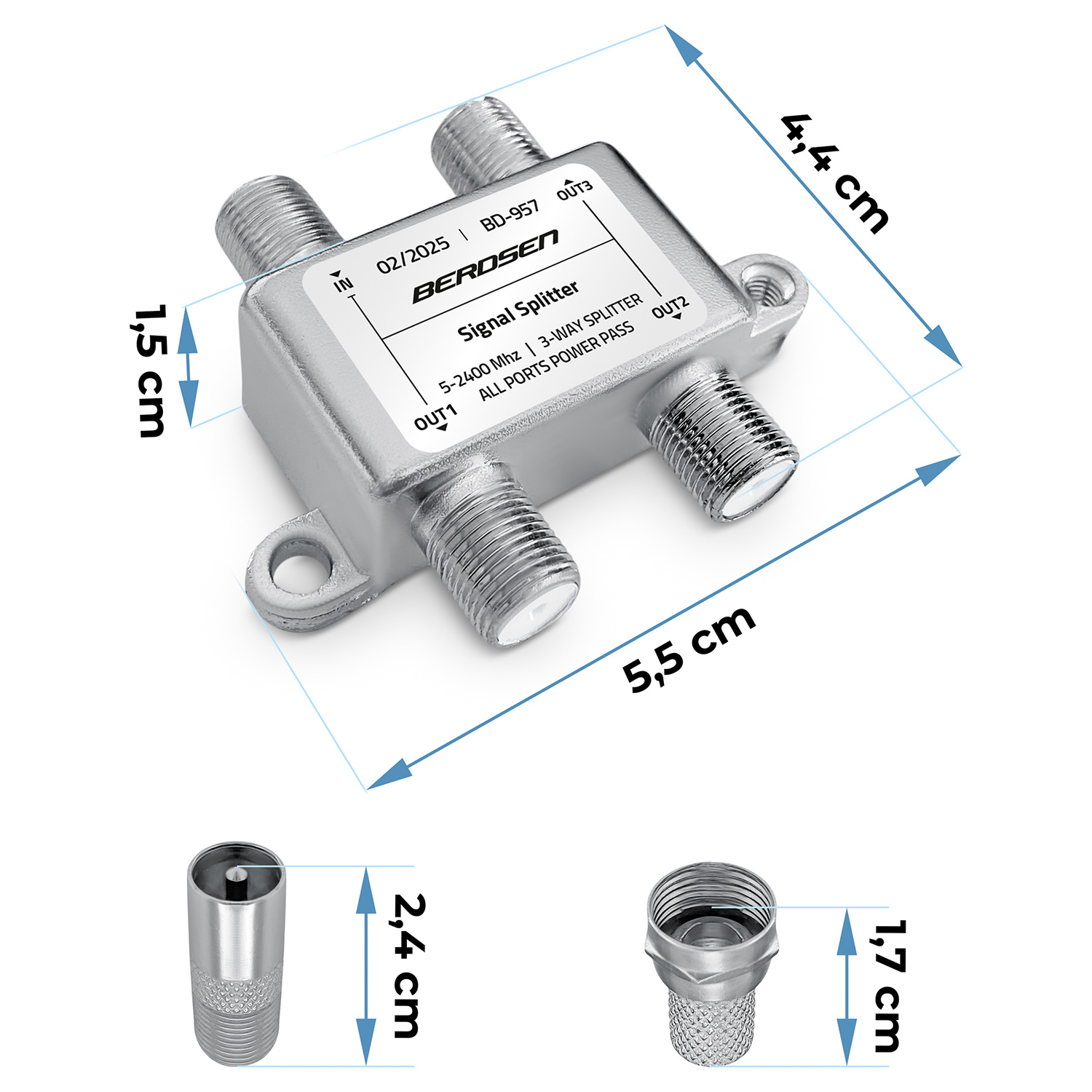 Srebrny rozdzielacz sygnału z portami i wymiarami. Różne złącza kablowe poniżej.