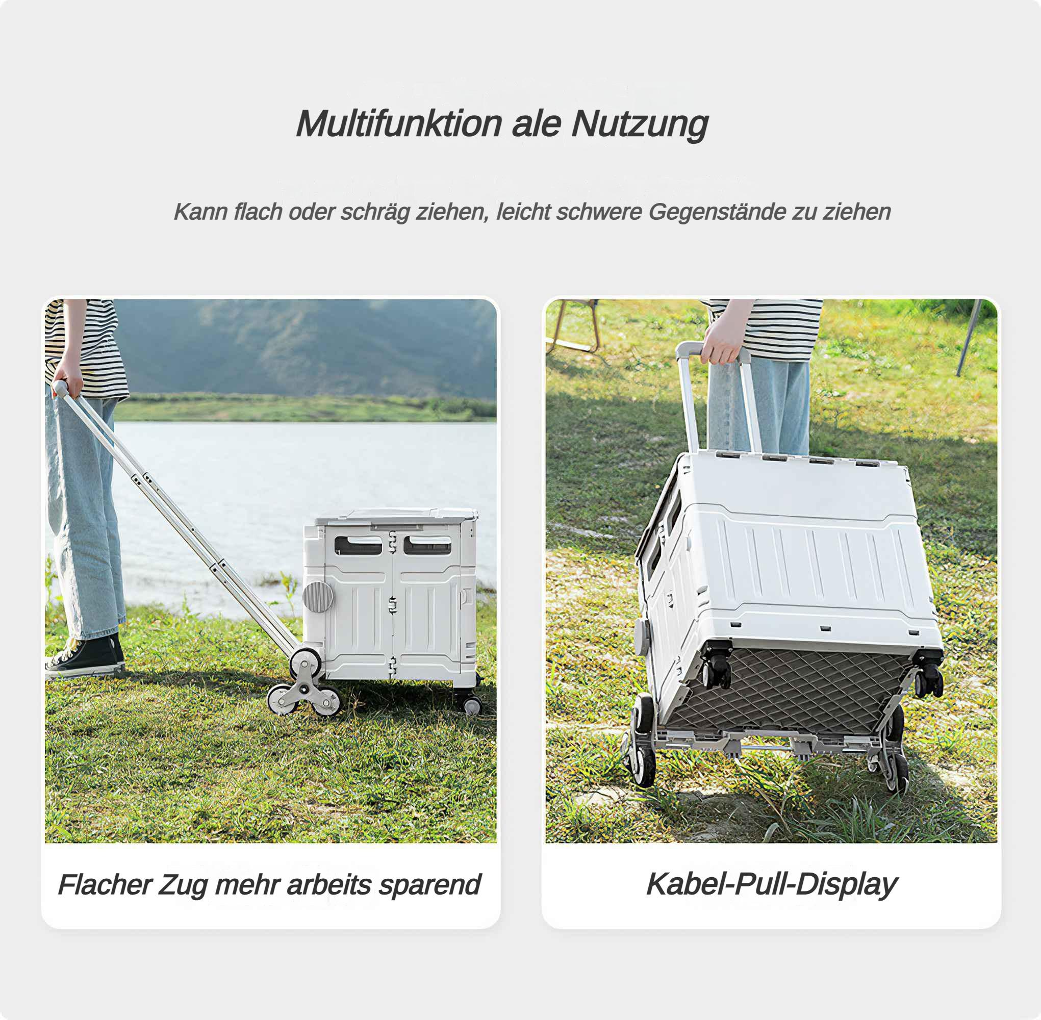 Zwei Bilder, die einen faltbaren Wagen zeigen. Einer wird gezogen und der andere wird geschoben.