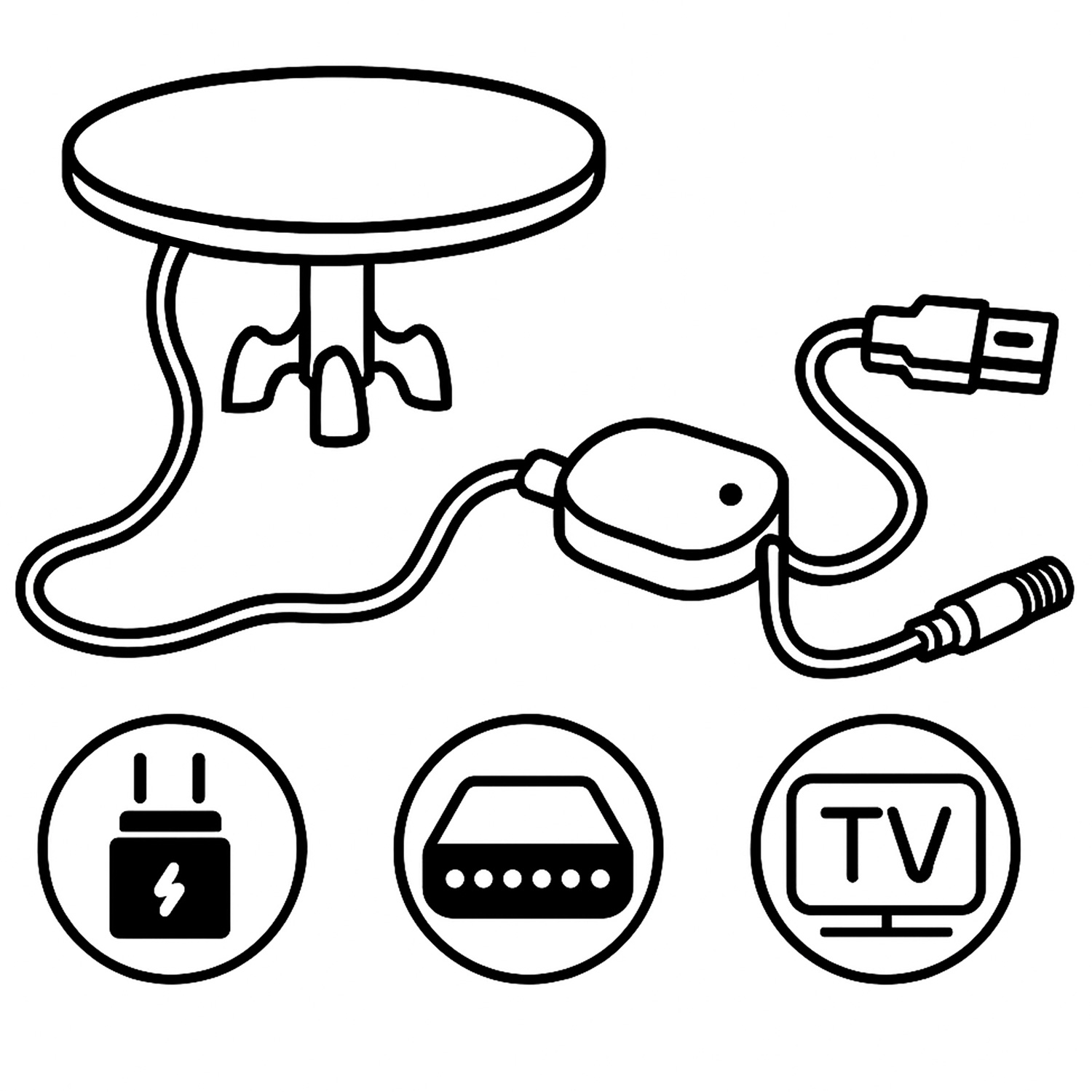 Rysunek linii anteny TV i jej komponentów, w tym zasilacza, dekodera i ikony TV.