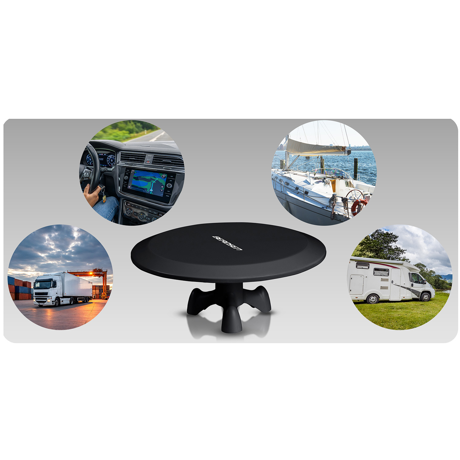 Centralna czarna antena z różnymi scenami wokół, w tym samochodem, łodzią, ciężarówką i kamperem.