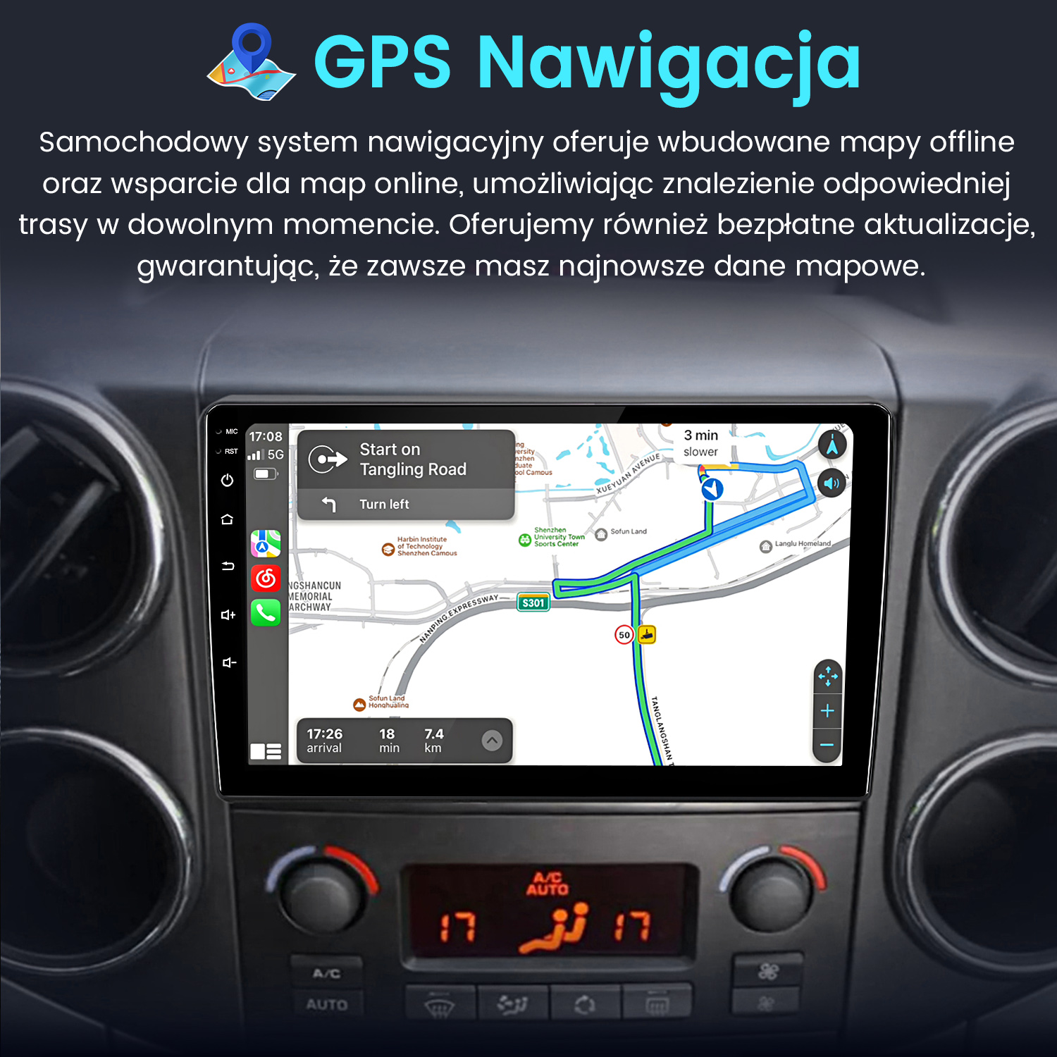 Ekran samochodowy pokazujący nawigację GPS z mapą i szczegółami trasy. Ekran jest na desce rozdzielczej. Tekst po polsku.