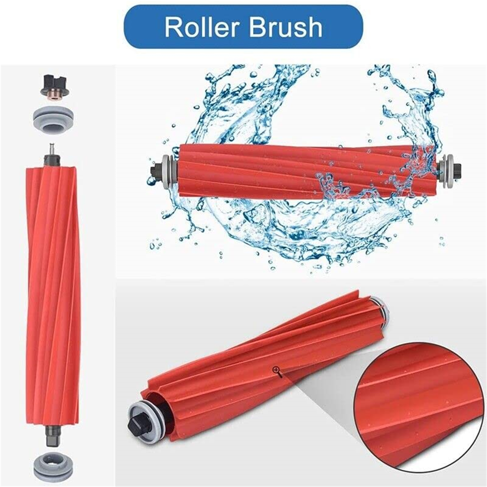 Walzenbürstenteile werden angezeigt: eine rote Bürste, Endkappen und andere Komponenten. Wasserspritzer und Nahaufnahme-Detail.