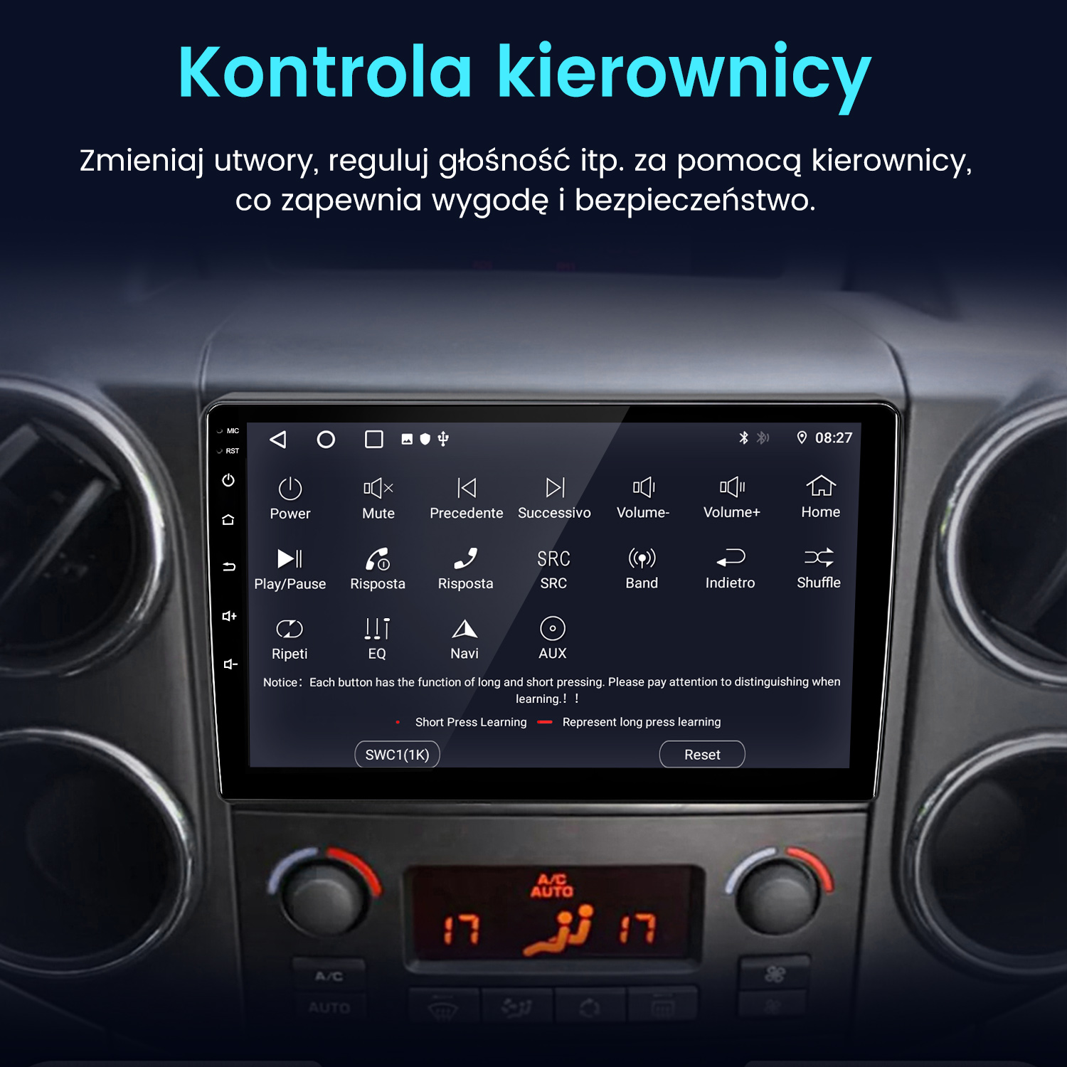 Deska rozdzielcza samochodu pokazująca elementy sterowania głośnością, radiem i innymi funkcjami w języku polskim.