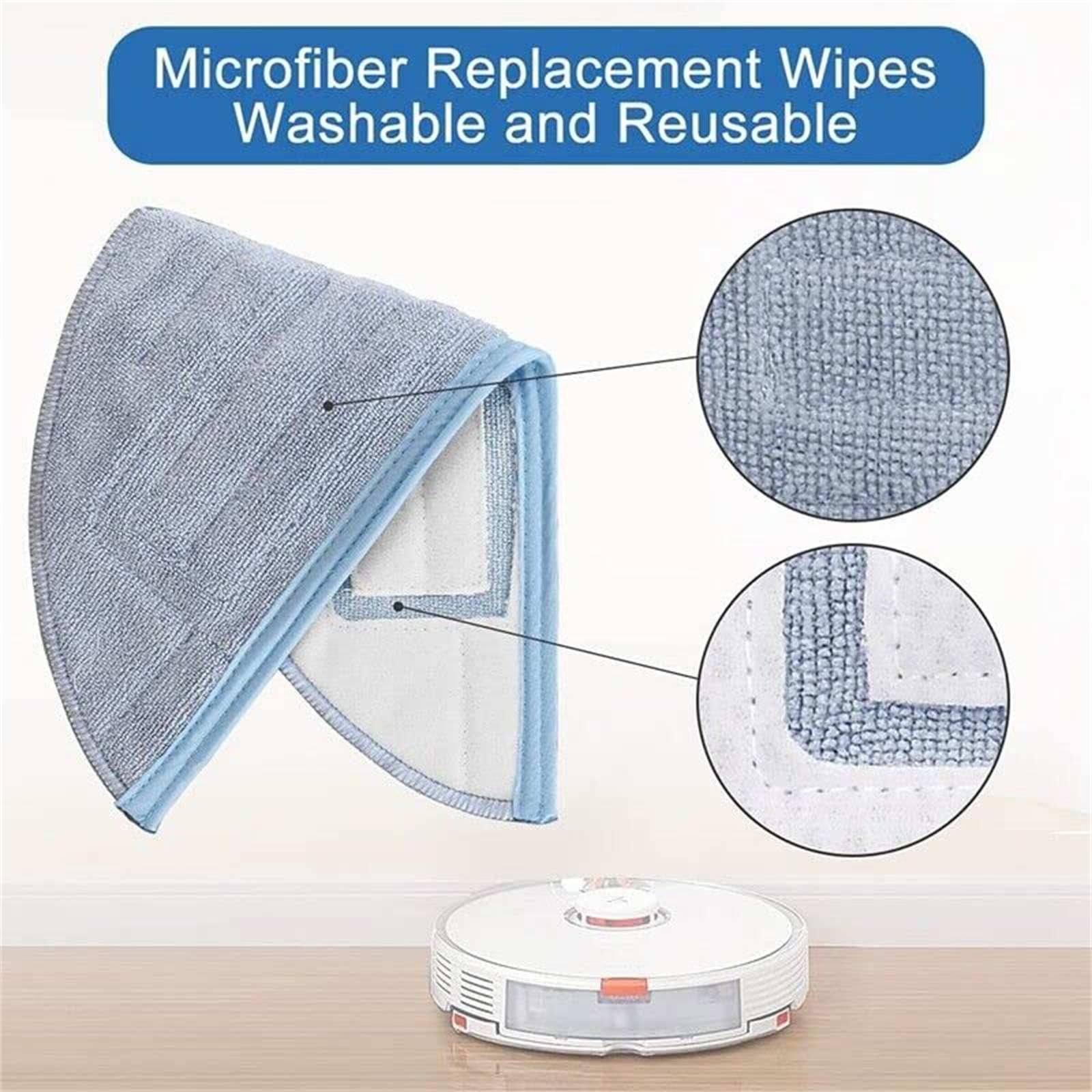 Mikrofaser-Ersatzwischtücher für einen Staubsauger. Zeigt Details der Wischtücher und des Roboterstaubsaugers.
