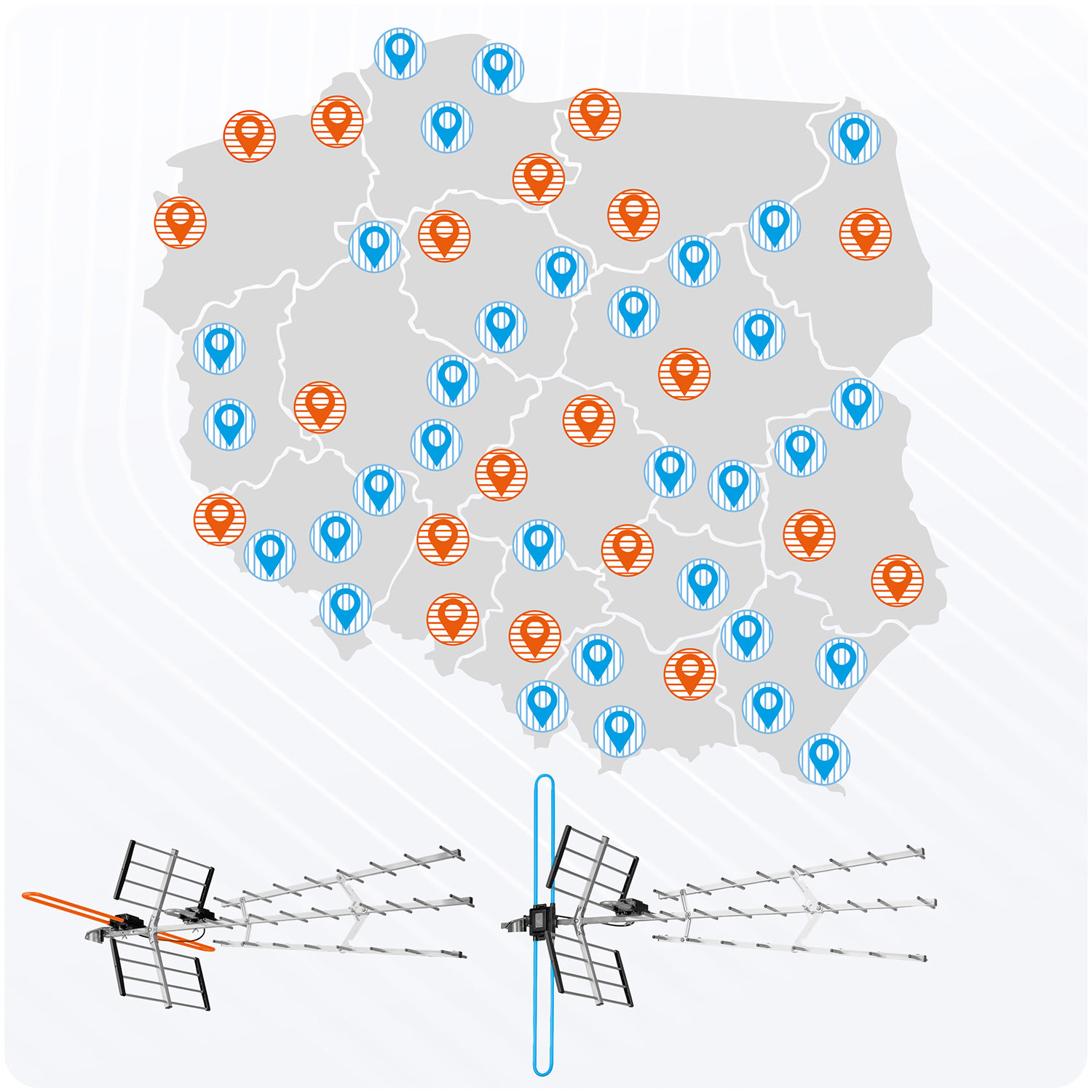 Mapa Polski z niebieskimi i pomarańczowymi znacznikami lokalizacji oraz dwiema antenami TV w dolnej części.