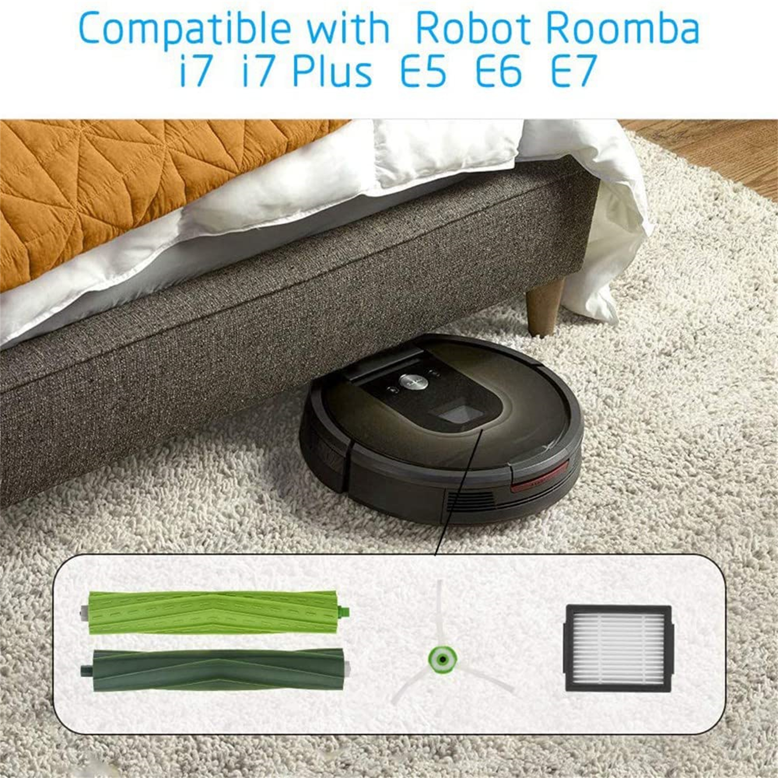 Roomba Staubsauger und Teile. Text gibt Kompatibilität mit i7, i7 Plus, E5, E6, E7 Modellen an. Zubehör gezeigt.