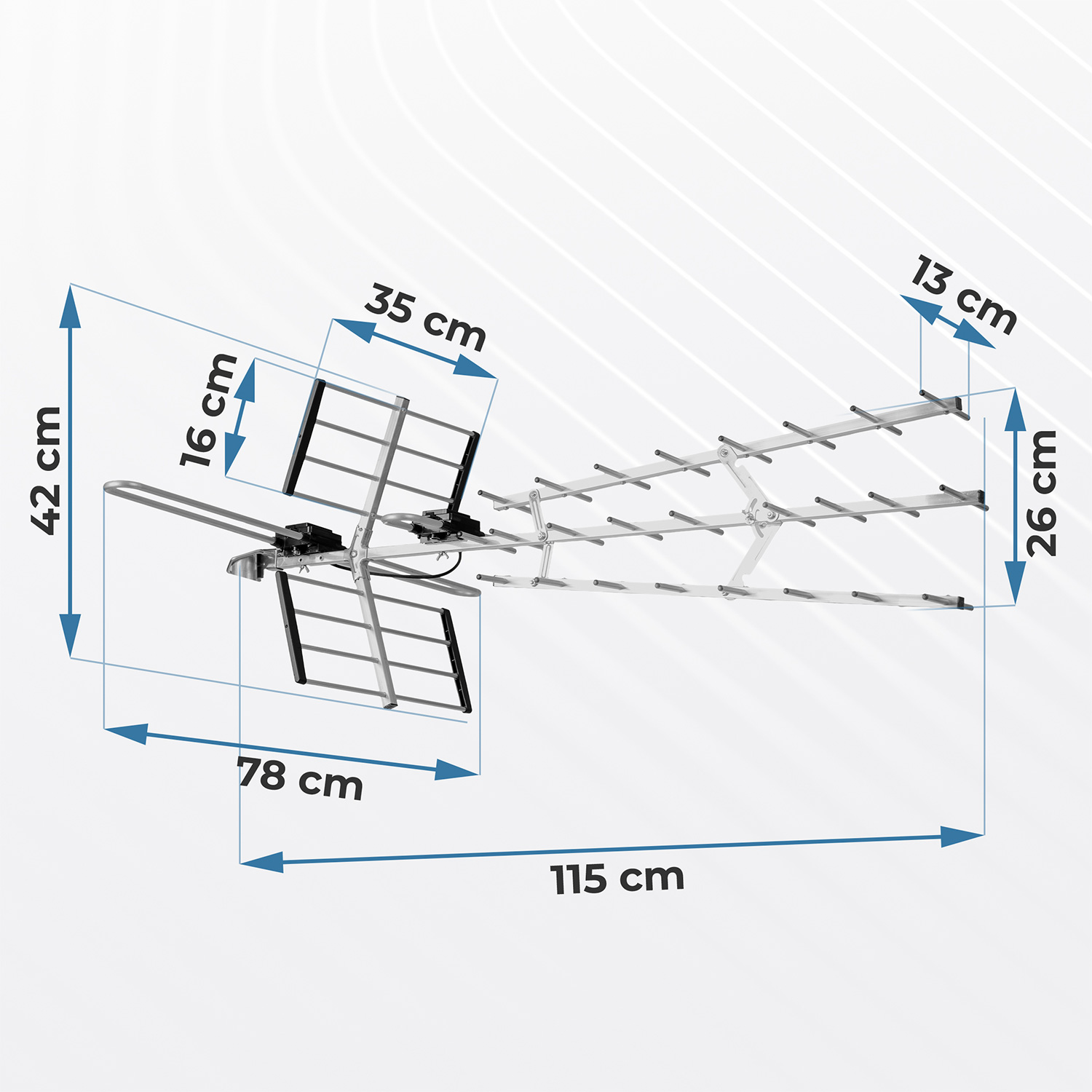 Antena TV z wymiarami w cm, z pomiarami szerokości, wysokości i długości.