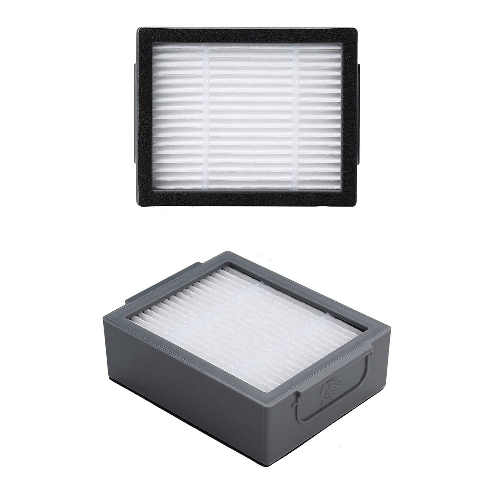 Zwei Filter für einen Staubsauger. Einer befindet sich in einem Rahmen, der andere in einer grauen Box.
