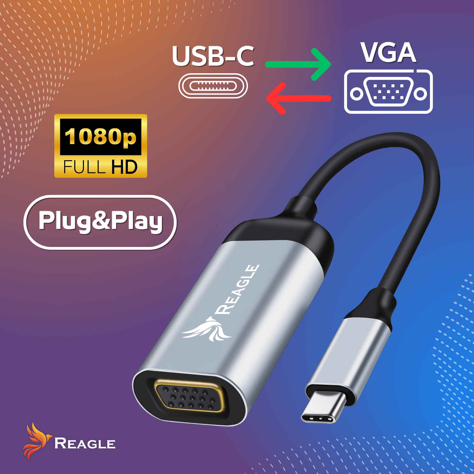 Adapter USB-C do VGA, srebrny i czarny. Zawiera markę. Tekst mówi 'Plug&Play' i '1080p Full HD'.