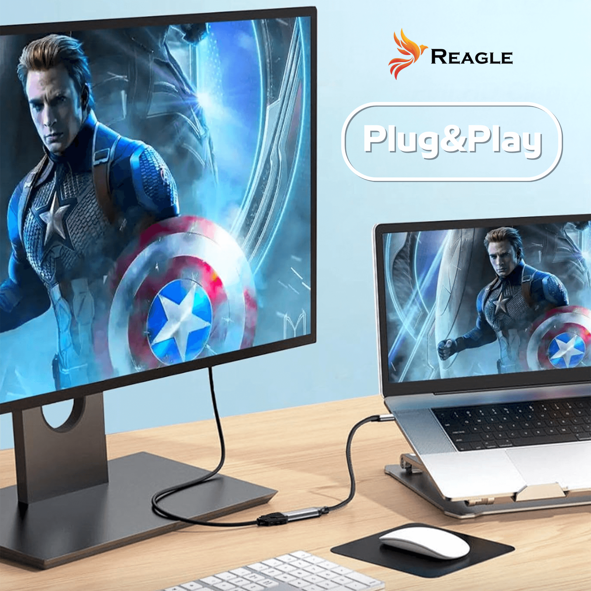 Laptop podłączony do monitora za pomocą czarnego adaptera USB-C do VGA. Monitor pokazuje Kapitana Amerykę.