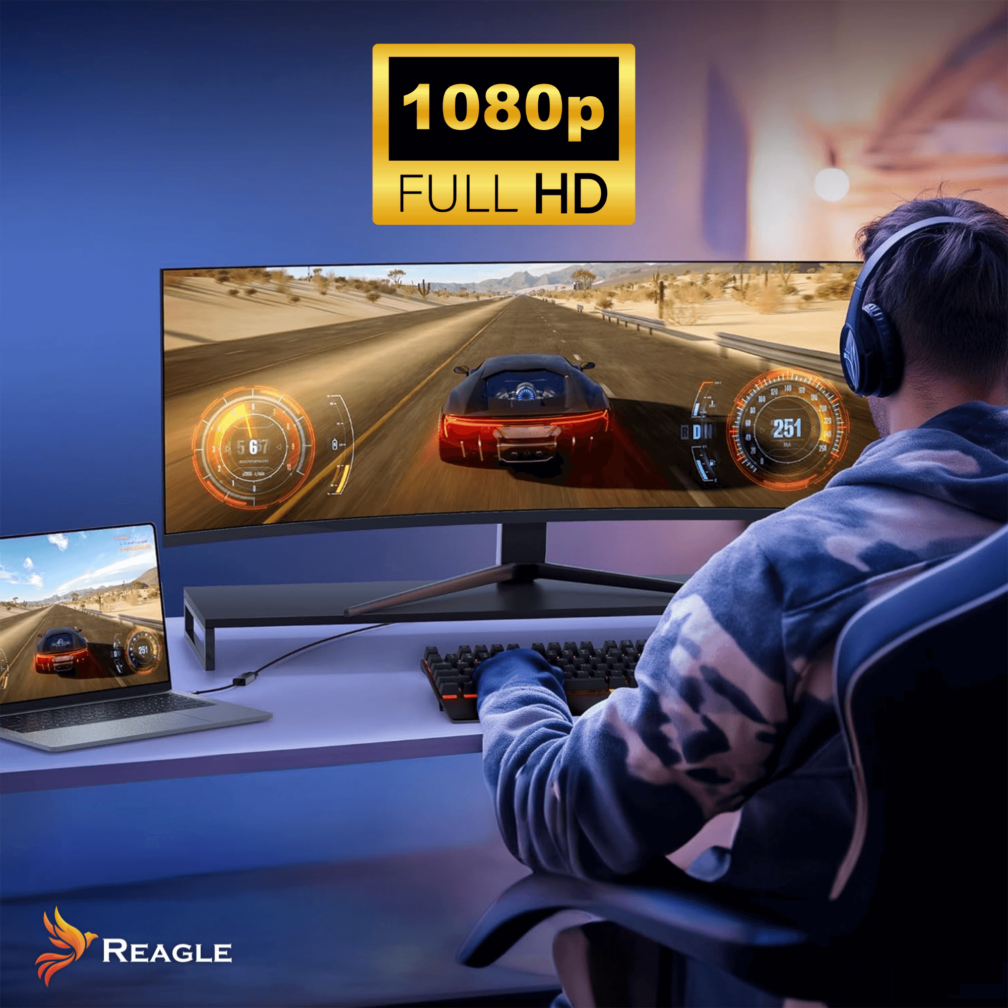 Gracz gra na monitorze z wyświetlaczem 1080p Full HD i laptopem po lewej stronie.