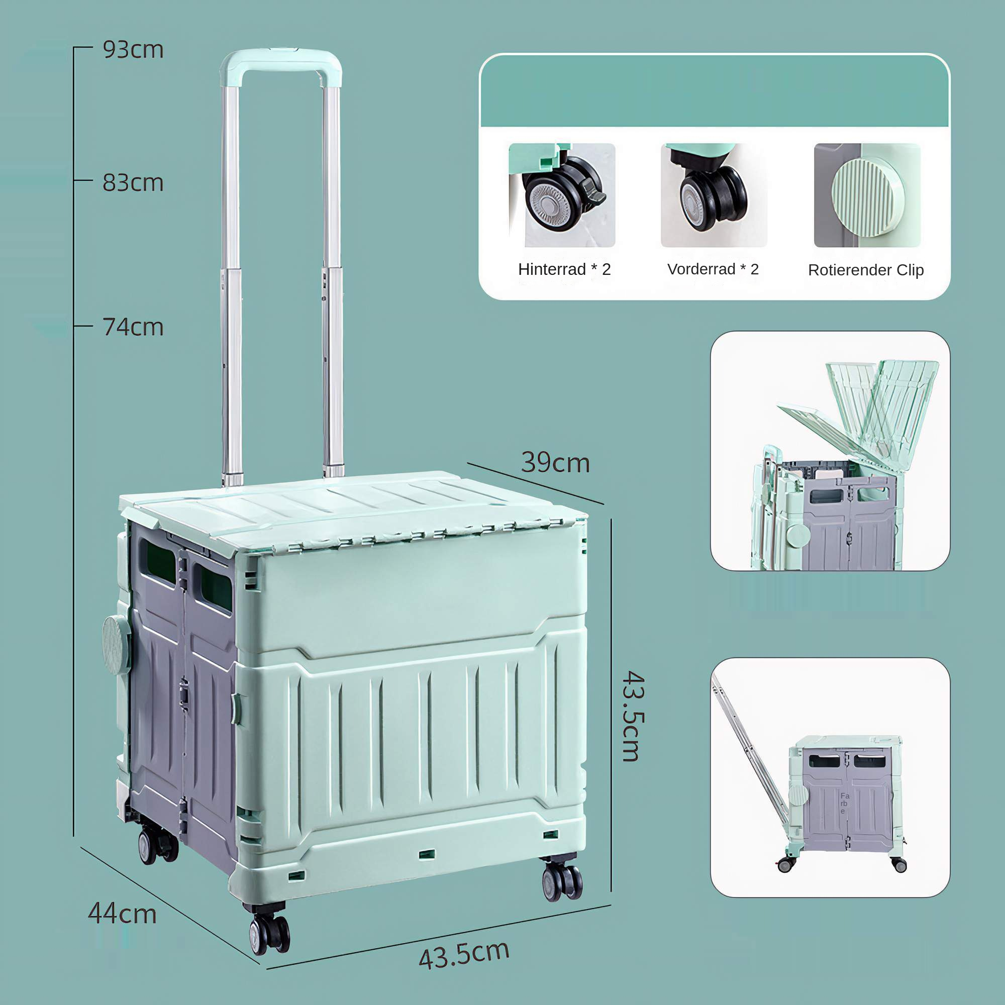 Ein faltbarer Einkaufswagen, mit Maßangaben, mit kleinen Bildern von Rädern auf teal Hintergrund.
